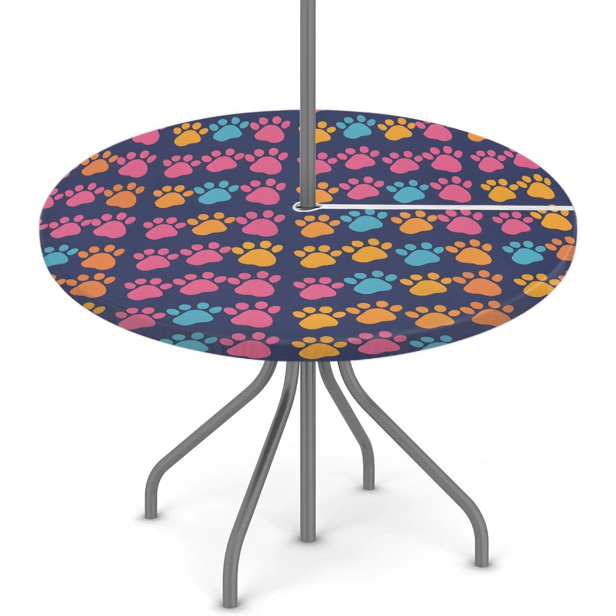 Tablerazzi Dog Animal Paws Round Outdoor Tablecloth with Umbrella Hole and Zipper Colorful Cat Paw Print Fitted Tablecloth Wipeable Table Cloth for Picnic Garden, 36''-44''