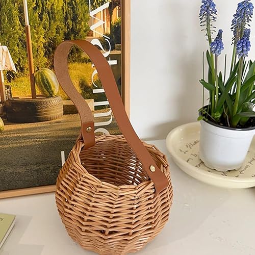 Miniatura 4 de Cestas tejidas de mimbre con mango de cuero, cestas de flores para niñas, cesta de almacenamiento de dulces para boda, fiesta, decoración del hogar