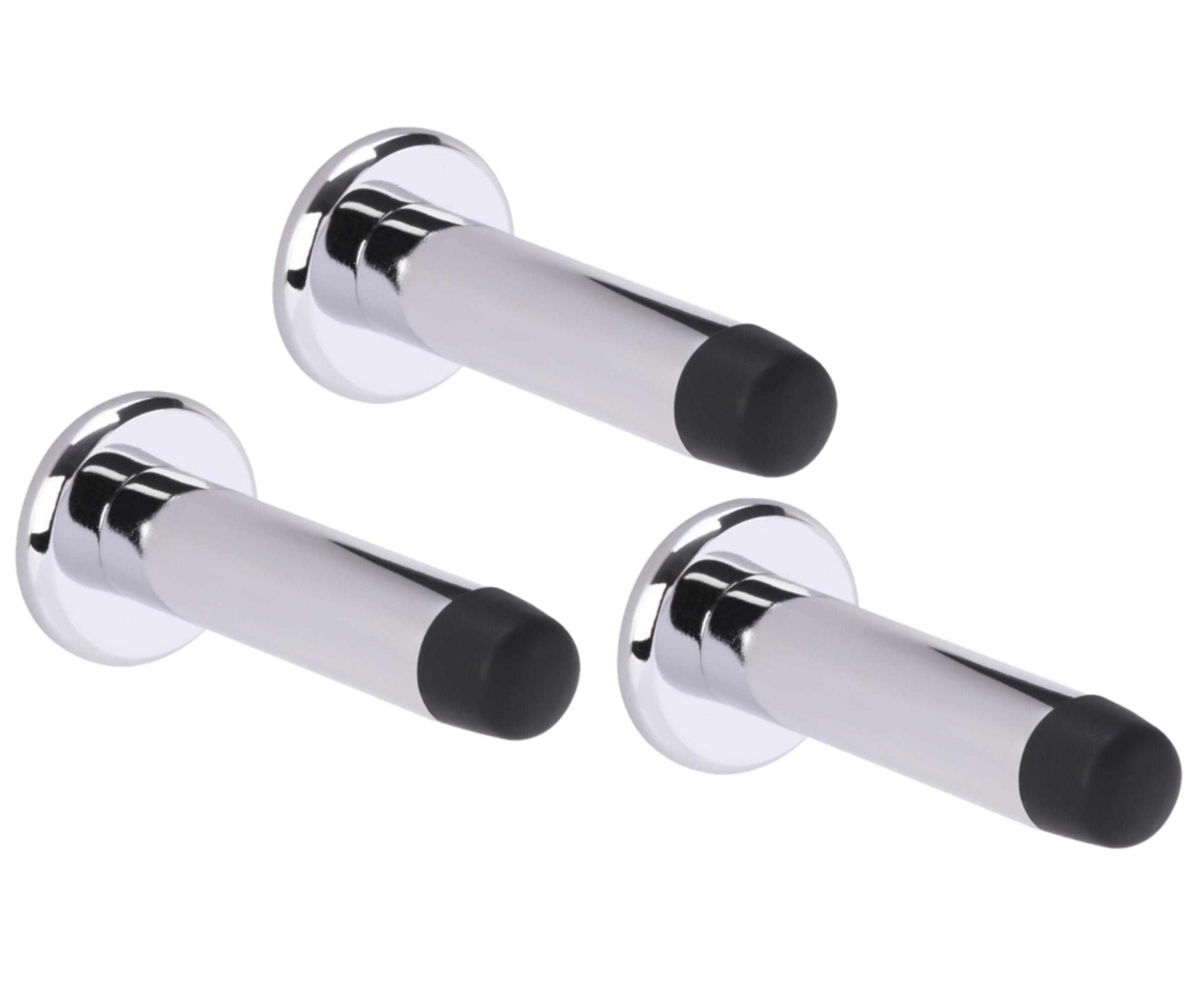 Hunta Polished Chrome Handlezone® 3 Pack 75Mm / 3 Inch Projecting Skirting Or Wall Mounted Door Stop, Concealed Fixing, Rubber Buffer Stopper