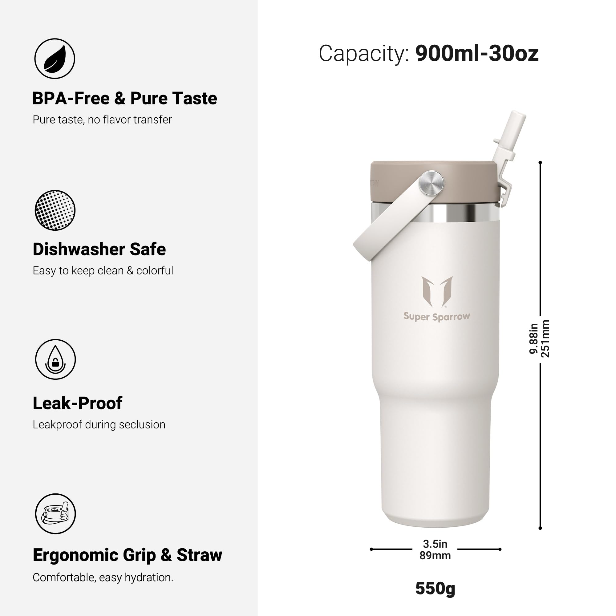 Sparrow Borraccia Termica 900ml - Twistpath Borracce con Tappo Flex con Cannuccia - Senza BPA & Perdite Bottiglia Acqua - Inox Borracce Termiche Per Portabevande - Ideale Per Casa, Ufficio O Auto