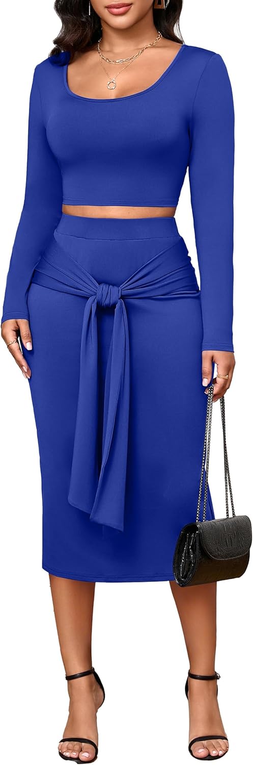 FANDEE Skirt Sets Women 2 Piece Outfits Plus Size Midi Dresses For Curvy Women, Long Sleeves Top & Bodycon Skirts Casual Fall - Image 2