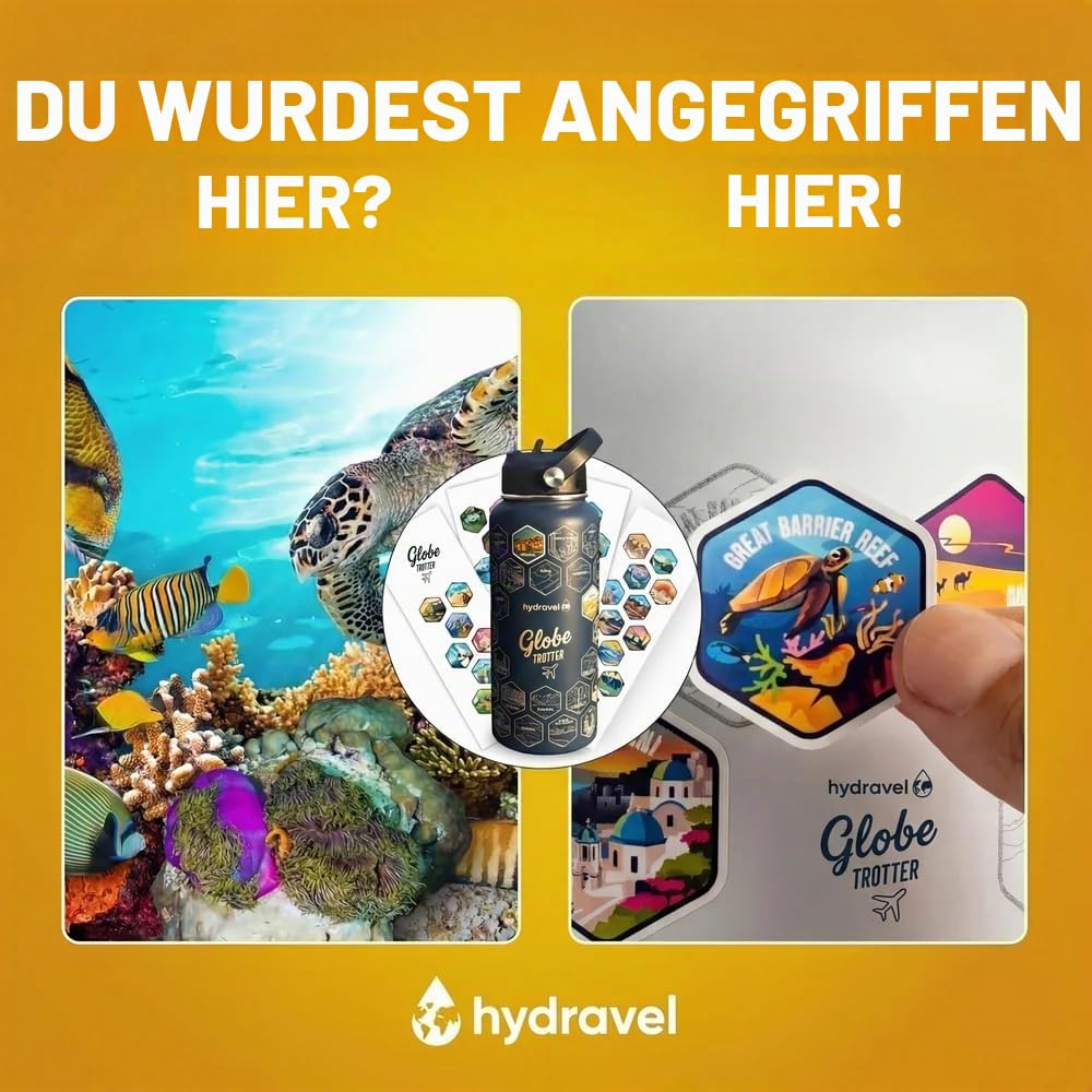 Thermosflasche Globe TROTTER mit 50 Aufklebern der schönsten Orte der Welt - Tolle Geschenkidee für Reisende - 1 l, Edelstahl, heiße Getränke für 12h / kalt 24h (weiß)