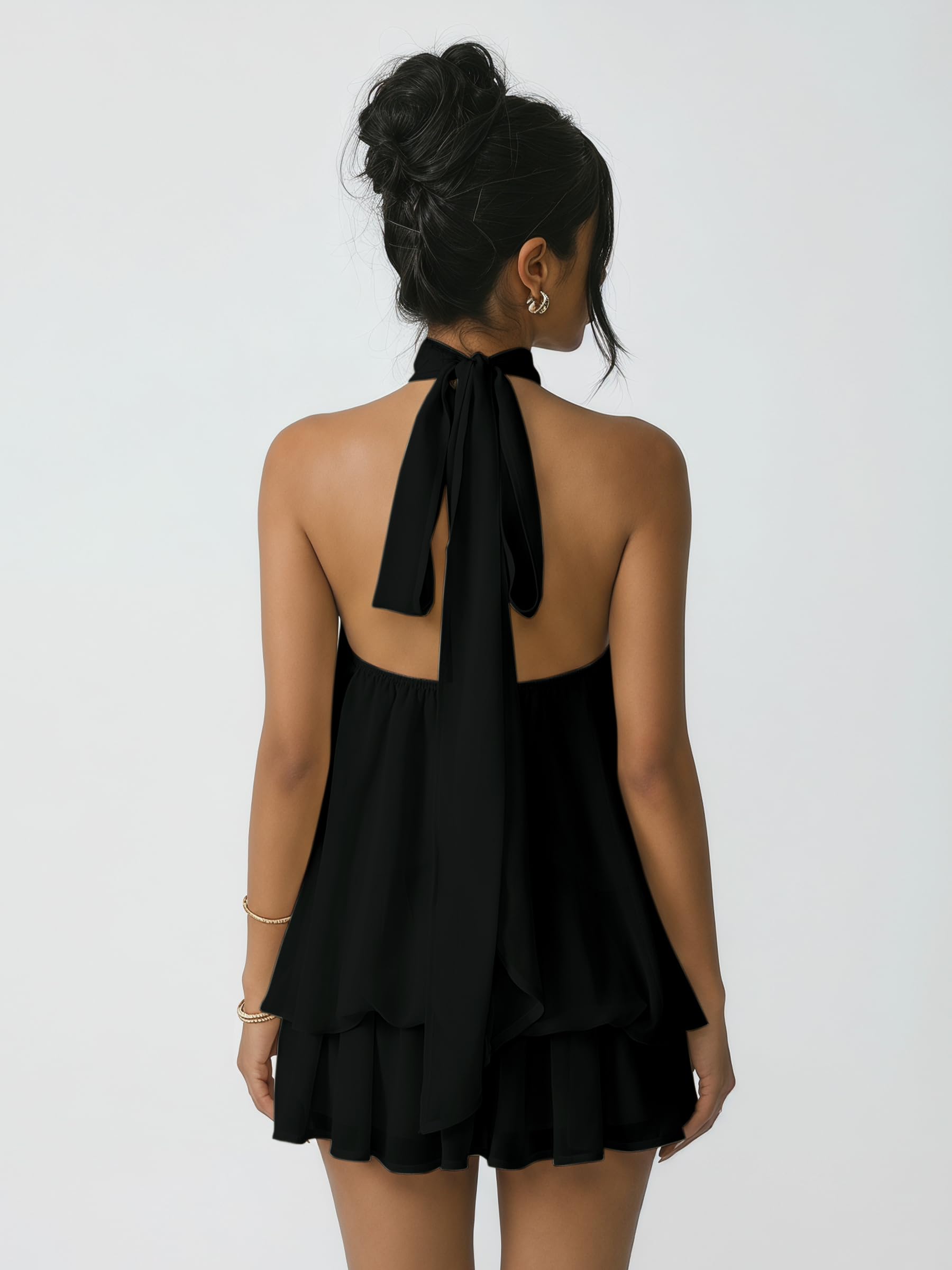 Vestito Donna Elegante Senza Maniche Mini Abito con Scollo Halter e Volant Estivo Vestiti Ampio in Chiffon Sexy Abiti Schiena Scoperta con Laccio Vestito Corto per Festa Discoteca Cocktail