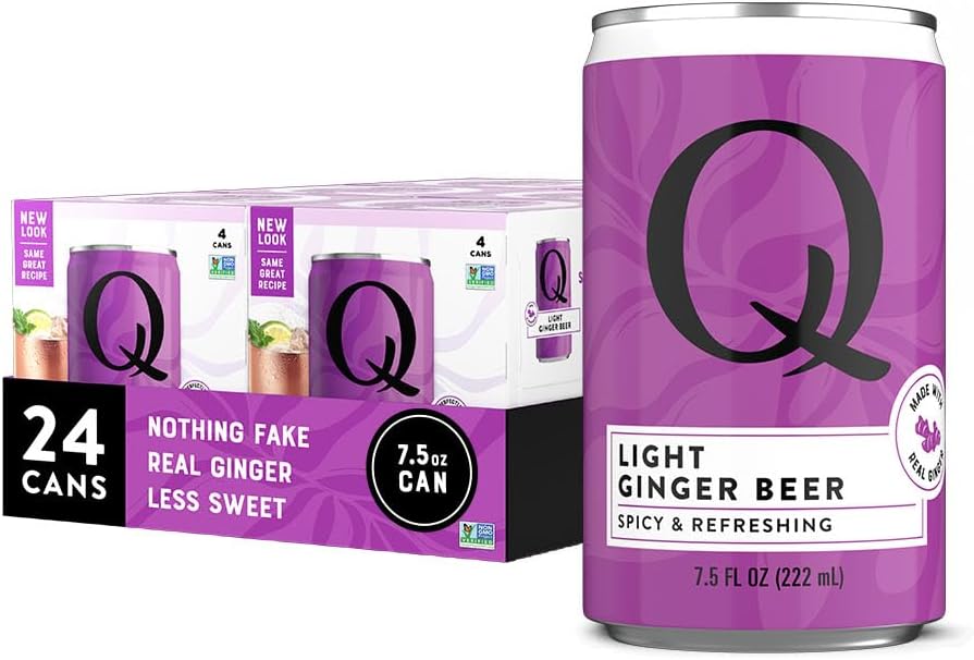 Q LIGHT GINGER BEER with Real Ginger & Organic Agave - Ideal for Cocktails & Mocktails - Made with Real Ingredients, Perfectly Carbonated, & Less Sweet - 40 Calories per Can - 7.5 Fl oz (Pack of 24)