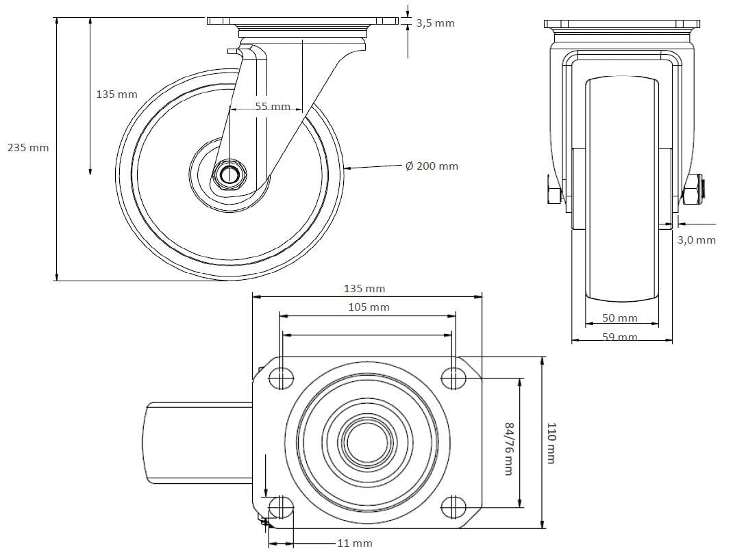 Rollensatz 4 Lenkrollen 200 mm Vollgummi schwarz mit Stahlfelge