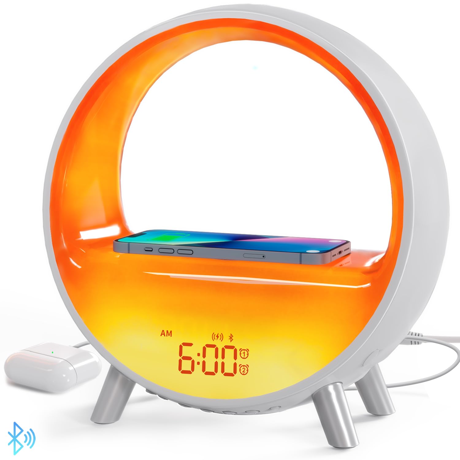 MOMILLA Sunrise Alarm Clocks with Bluetooth Speaker White Noise Sound Machine with with Wireless Charging Station 11 Lights