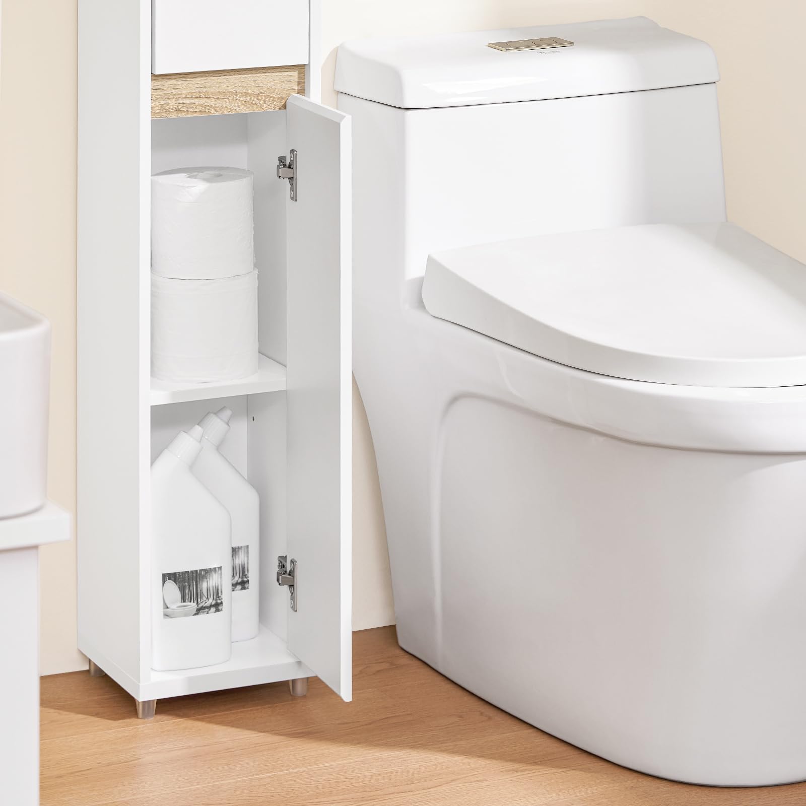 SoBuy Mobiletto Bagno Salvaspazio Colonna Stretta Armadietto Bagno con Cassetto & Ripiano Regolabile per Spazi Stretti WC Piccoli Bianco 20x20x96cm BZR151-W