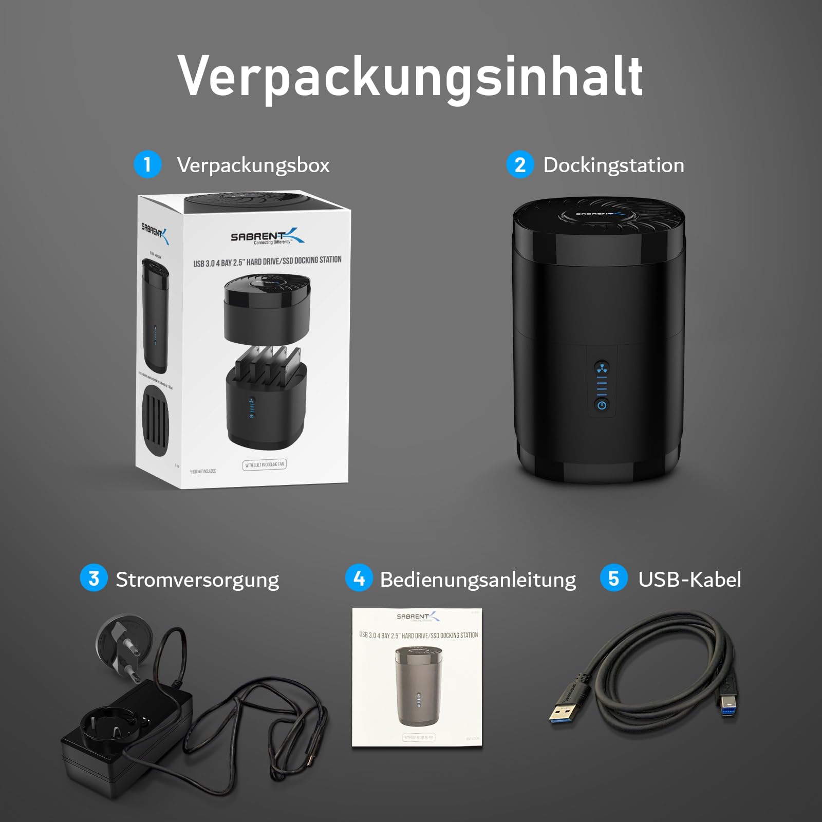 SABRENT 4 Bay Dockingstationen für 2.5 Festplatten USB A 5Gbps SATA HDD und SSD Dock mit Lüfter, unterstützt 2,5-Zoll-Laufwerke mit Einer maximalen Dicke von 12,5 mm (DS-4SSD)