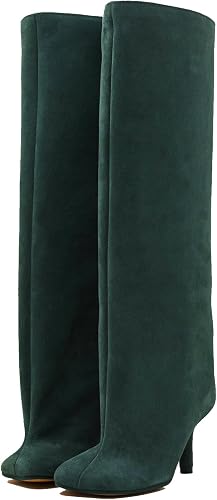 Women's Knee High Suede Boots for Women Wide Calf Square Toe Stiletto Heels Tall Boots Pull On High Heel Long Booties, Green, 6 UK