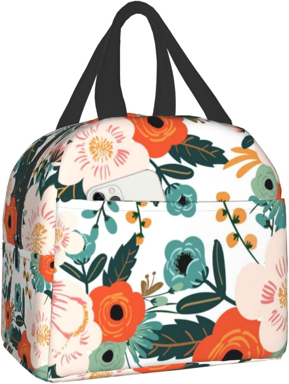 Canesert Lunch Bag with Pocket for Teen Colorful Floral Insulated Lunch Box Cooler Thermal Waterproof Reusable Tote Bag for Women Travel Work Hiking Picnic