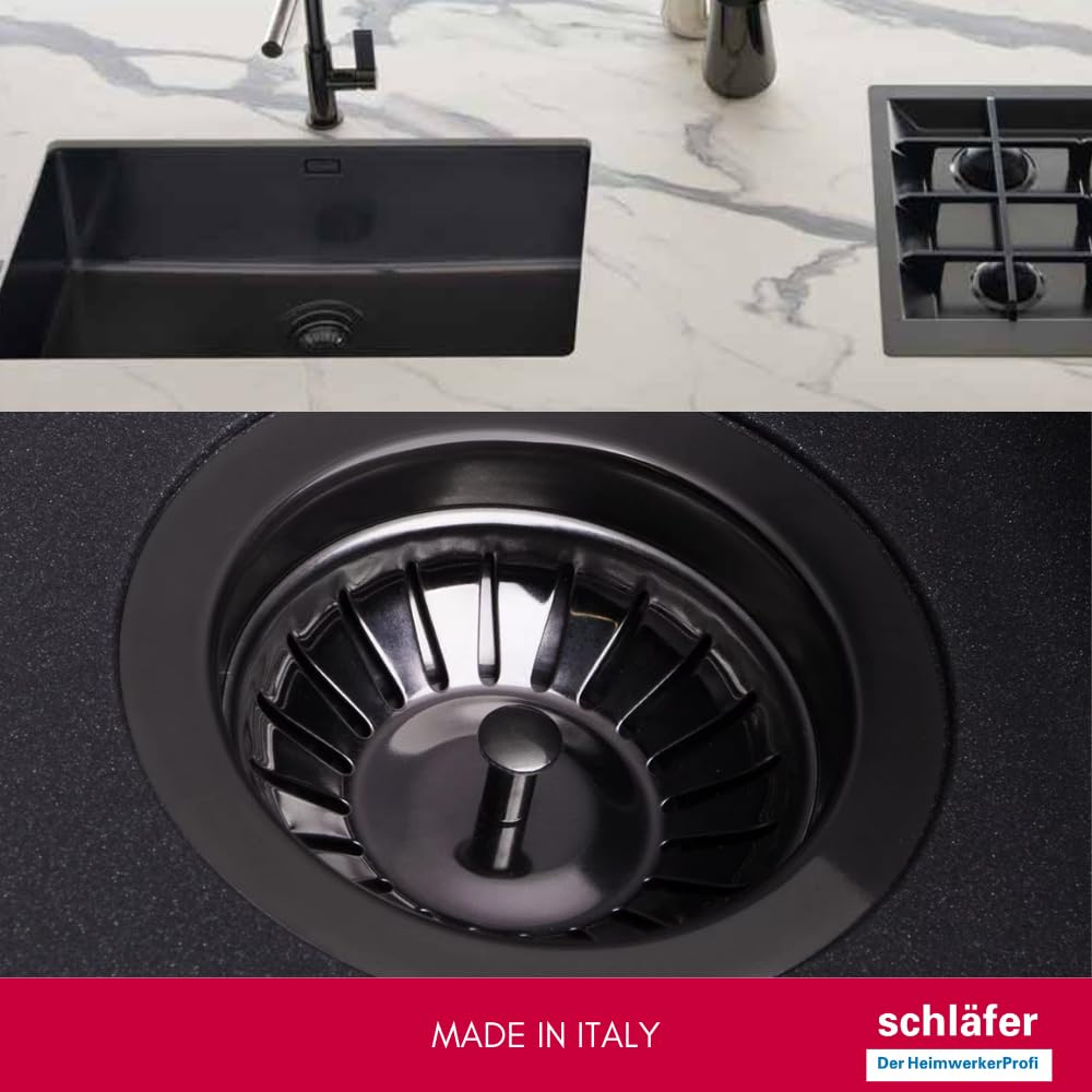 Schläfer 439727 | Desagüe para lavabo de baño tipo baloncesto de PVD negro, sin rebosadero, con casquillo de 1"1/2 y orificio de Ø 90 mm, desagüe de 114 mm de diámetro, desagüe con tornillo y cesta