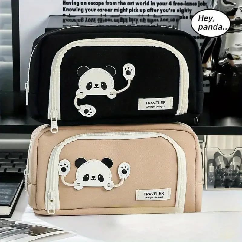 Image of Invite Enterprise Canvas Panda Themed Pencil Case With Super Large Capacity Cute Pencil Box - Aesthetic School Supplies Big Stationery Bag Zipper Pencil Pouch For Girls & Boys (Black Color)