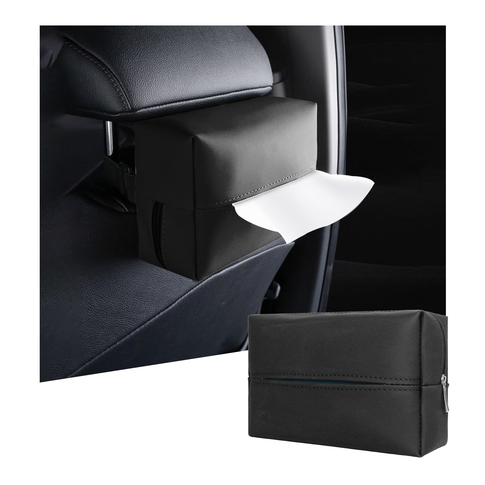 Augeny Car Tissue Holder, PU Leather Auto Sun Visor Tissue Box with Adjustable Elastic Band, Universal Mask Holder Install on Backseat and Armrest, Vehicle Interior Decor Accessories (Black)