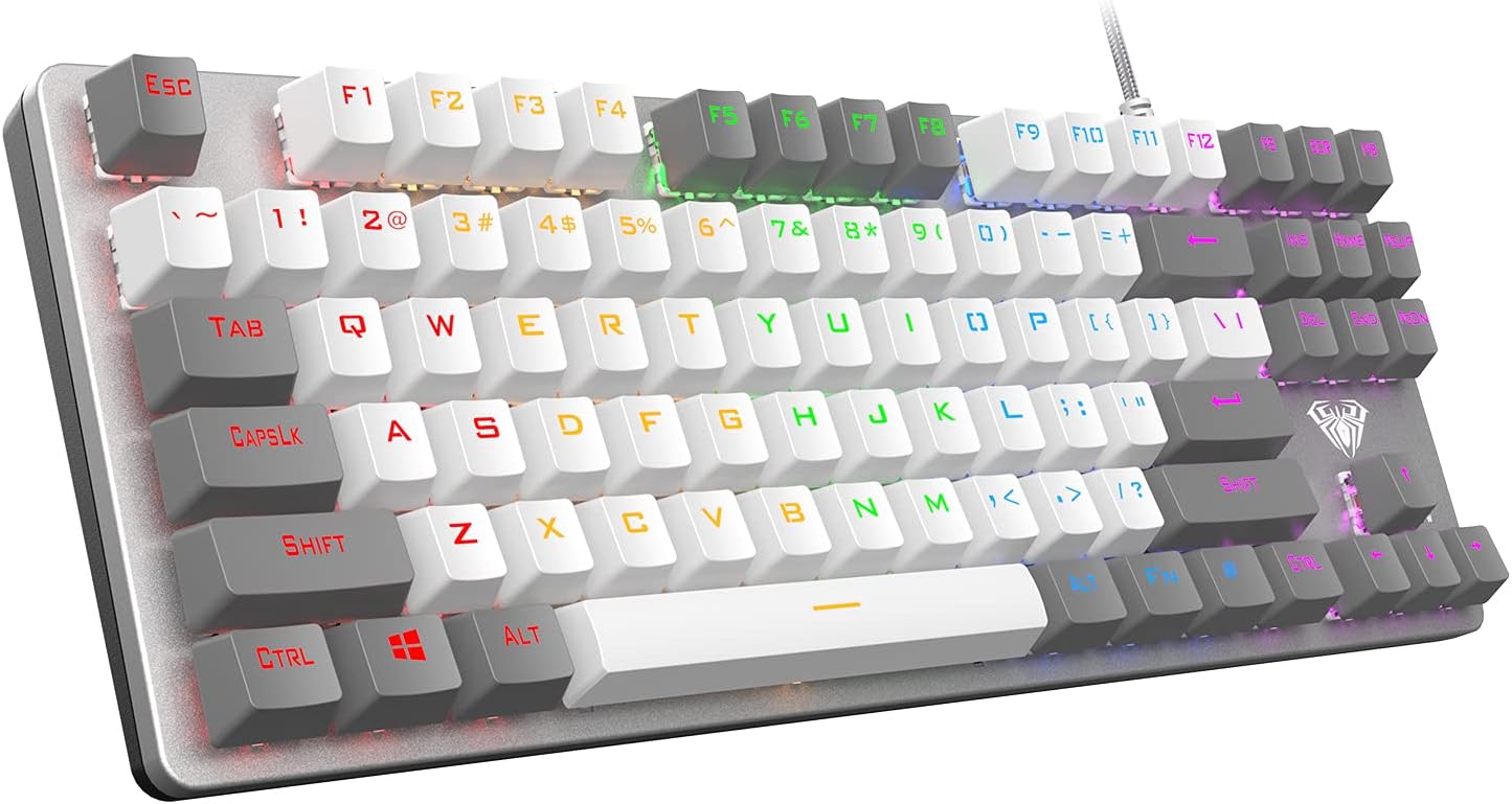 AULA F3287 Wired TKL Rainbow Mechanical Gaming Keyboard, 80% Compact Tenkeyless 87 Keys Layout w/Tactile Red Switches, White & Grey Mixed-Color Keycaps, Programmable Macro Keys