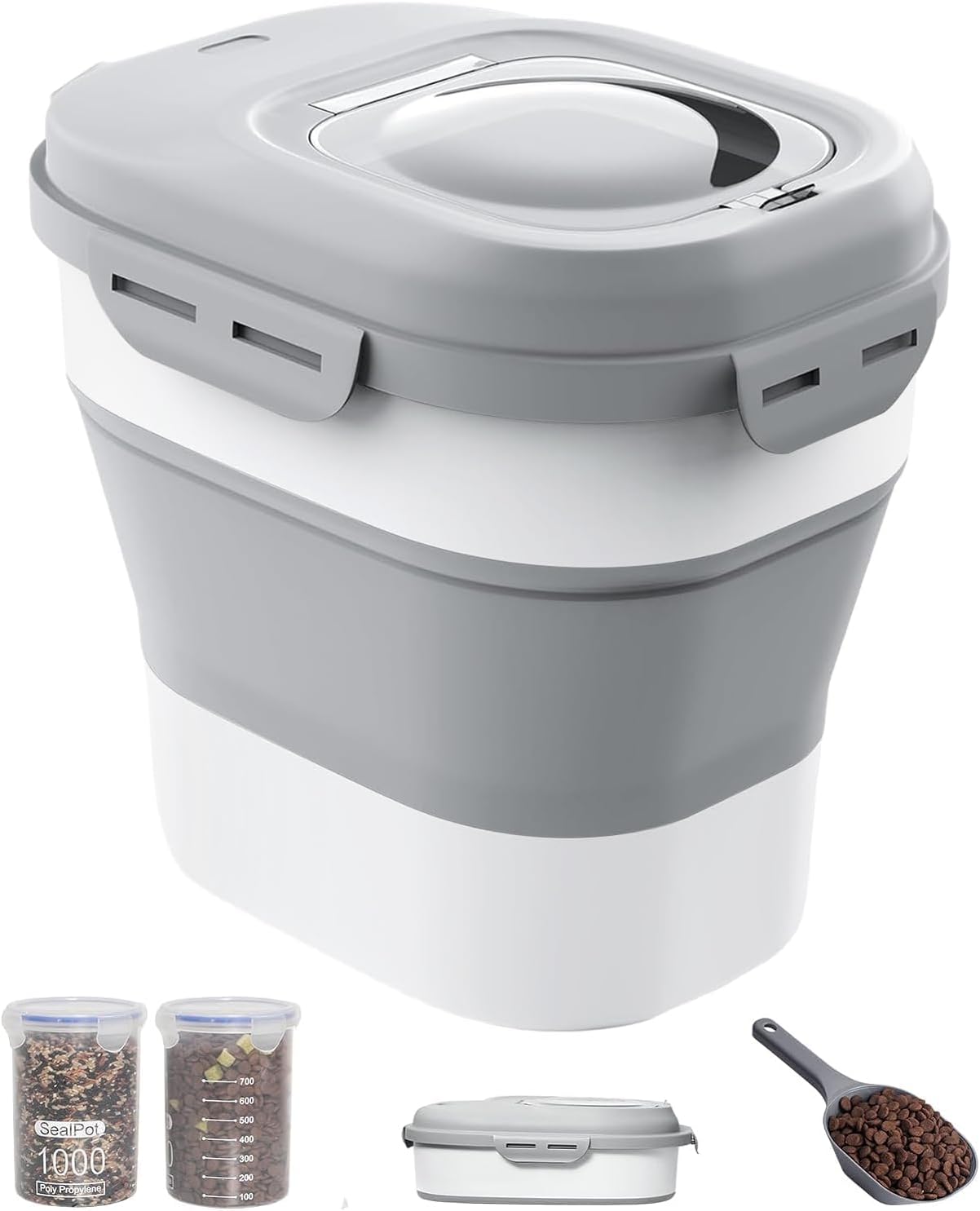 (Similar to stock photo) 30-35 Lbs Dog Food Storage Container Collapsible Dog Food Container with Airtight Lids, Wheels, Scoop and 2pcs Food Storage Containers, Large Pet food storage for Dog, Cat Light Grey