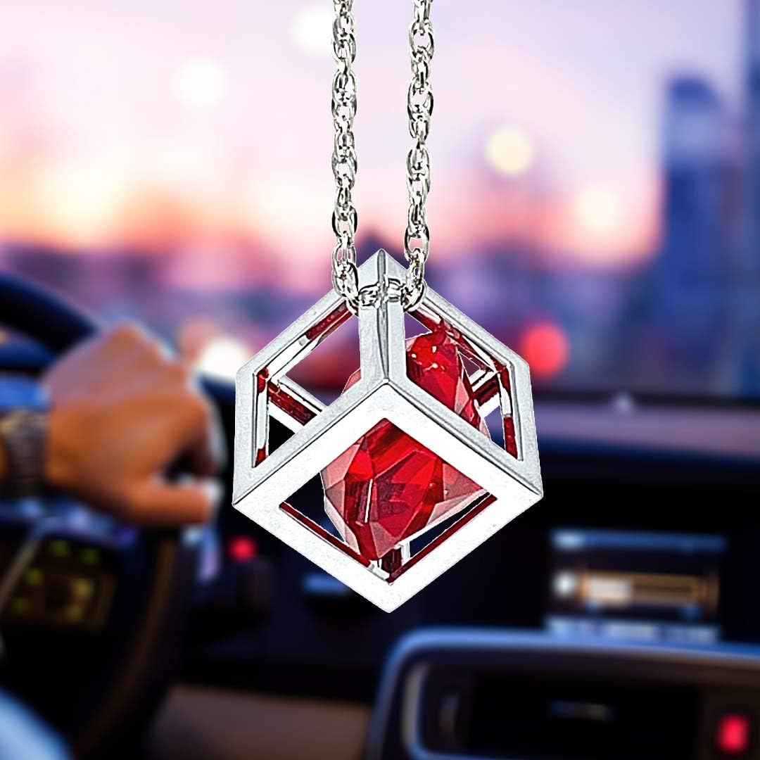 Red Diamond Cube Crystal Car Pendant,Car hanging Accessories View Mirror Charms, Sun Catcher Car accessories w/Chain, Car Charm & Home Decor Ornament (Red)