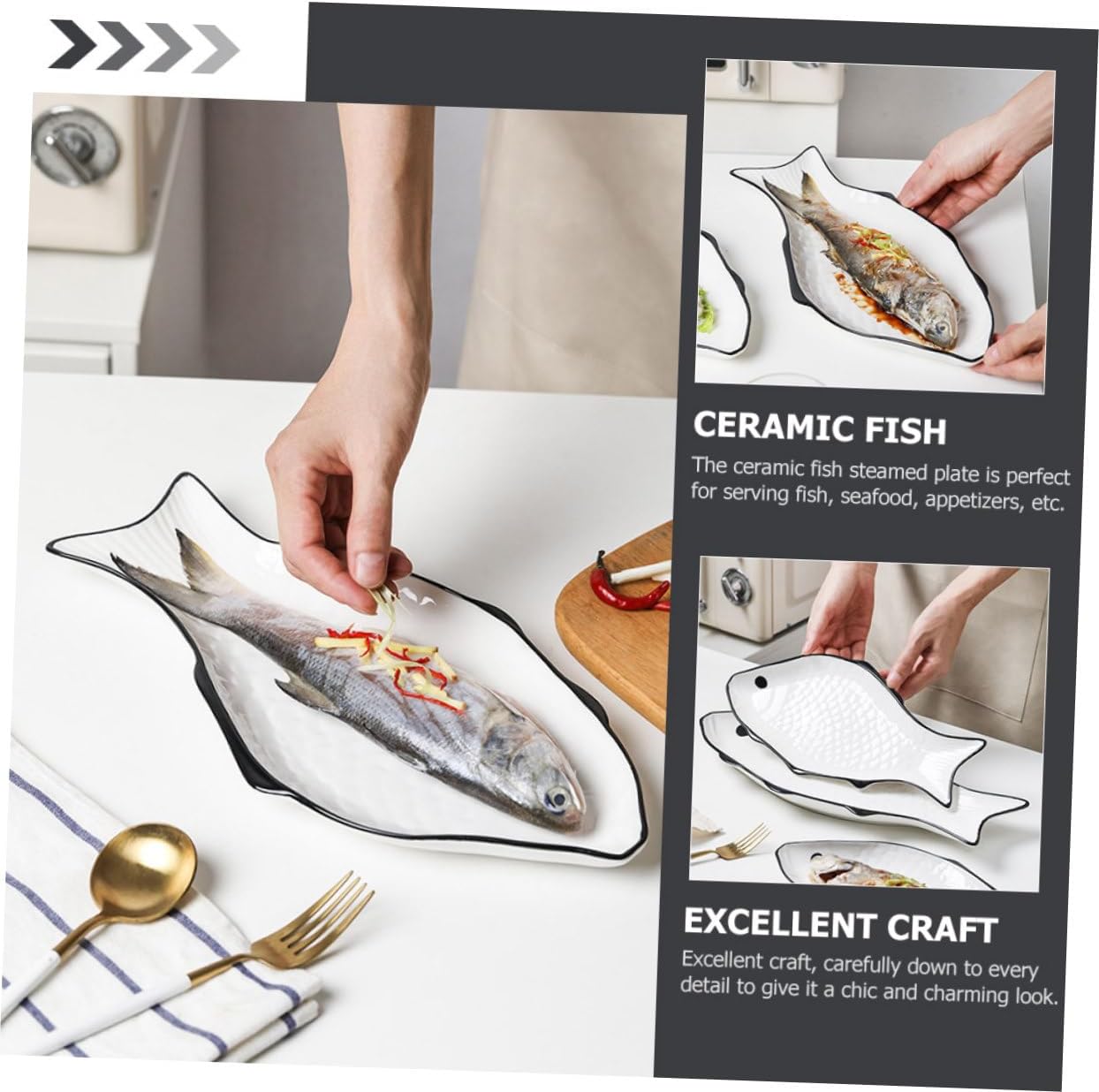 2Pcs Ceramic Fish-shaped Steamed Plate Medium Large Lightweight Appetizer Serving Dish for Home Restaurant Microwave Safe Fish Tray