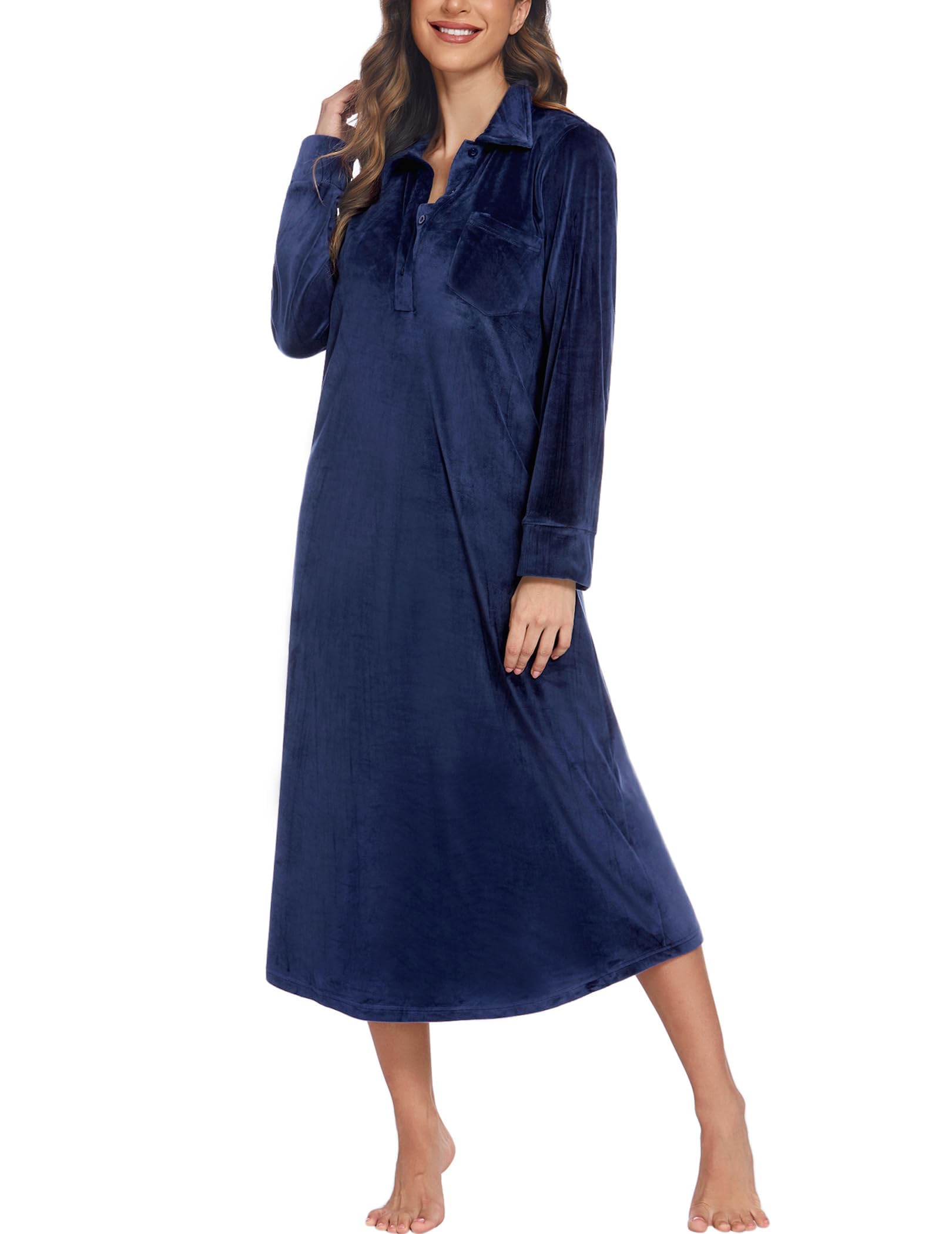 Ekouaer Camisón de franela de longitud completa para mujer, vestido de dormir largo a cuadros con botón, 6787_Champlain, Large