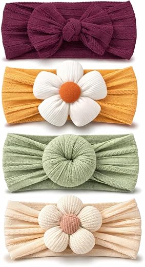 4 Pcs Baby Flower Headbands for Girls | Soft Nylon Elastic Floral Hair Bands for Newborn, Infant &amp; Toddler Kids Essential ...