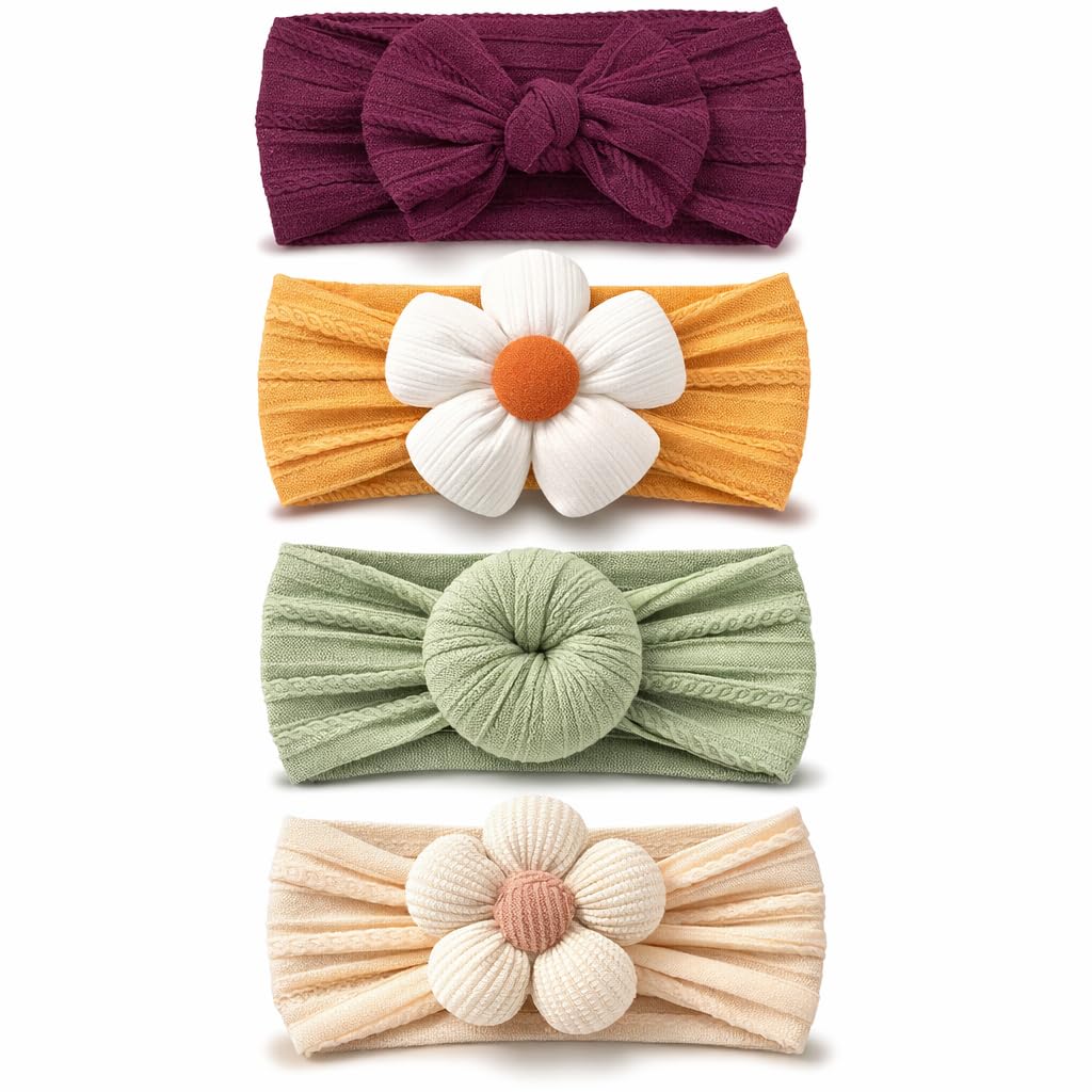 4 Pcs Baby Flower Headbands for Girls | Soft Nylon Elastic Floral Hair Bands for Newborn, Infant & Toddler Kids Essential Products Handmade | Stretchable Baby Hair Accessories for Photoshoot & Special Occasions-image-21