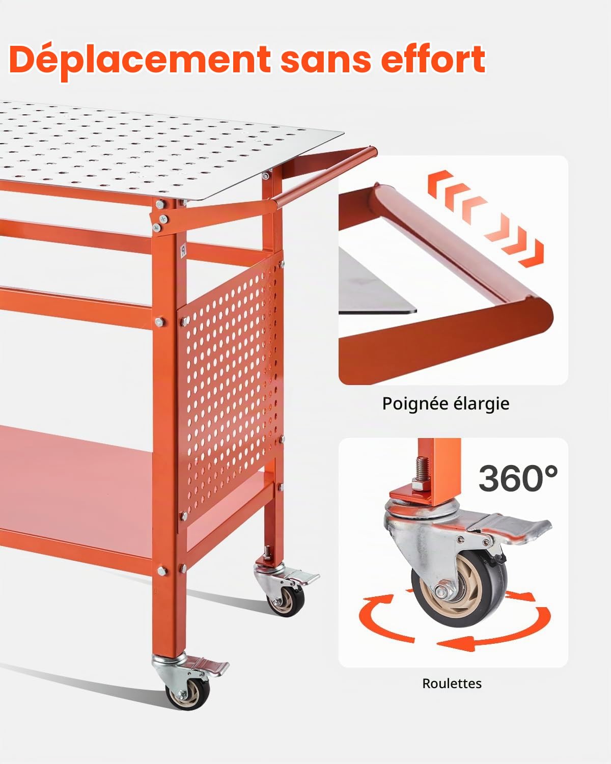 VEVOR Table de Soudure 1016x609,6 mm Établi de Soudage Mobile Acier Capacité de Charge Statique 363 kg, 4 Roues, Panneau de Rangement, Trous de Fixation, pour Travaux Réparation Assemblage Soudage