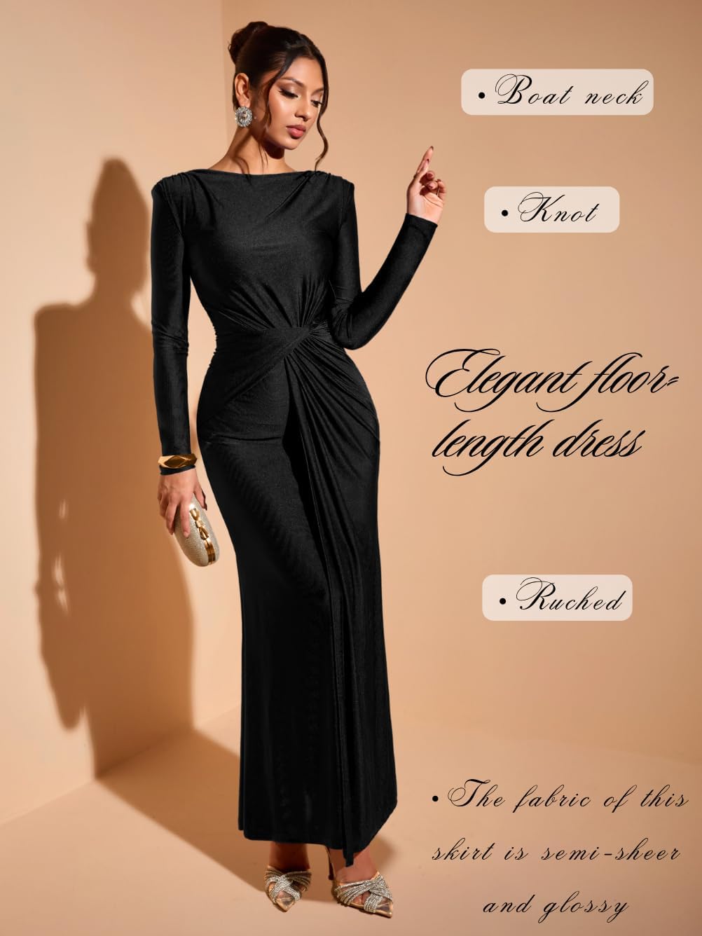 Floor-Length Bodycon Dress, Boat-Neck Ruched, Fall Long Sleeve, Semi-Formal Cocktail Evening-Gowns for Women - Image 4