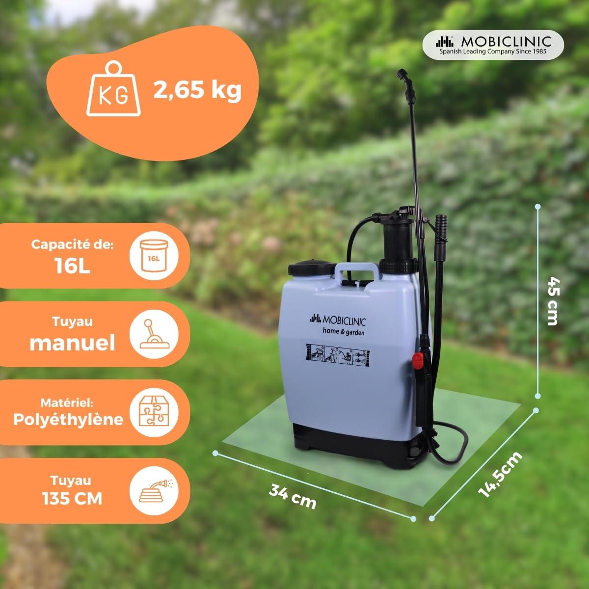Mobiclinic®, Pulvérisateur à Pression, 16 L, Jardinage, Pression de la Pompe, 4 Buses Réglables, Léger 2 kg, Pulvérisateur, Irrigation, Lutte Antiparasitaire, Entretien des Plantes, Fumibug