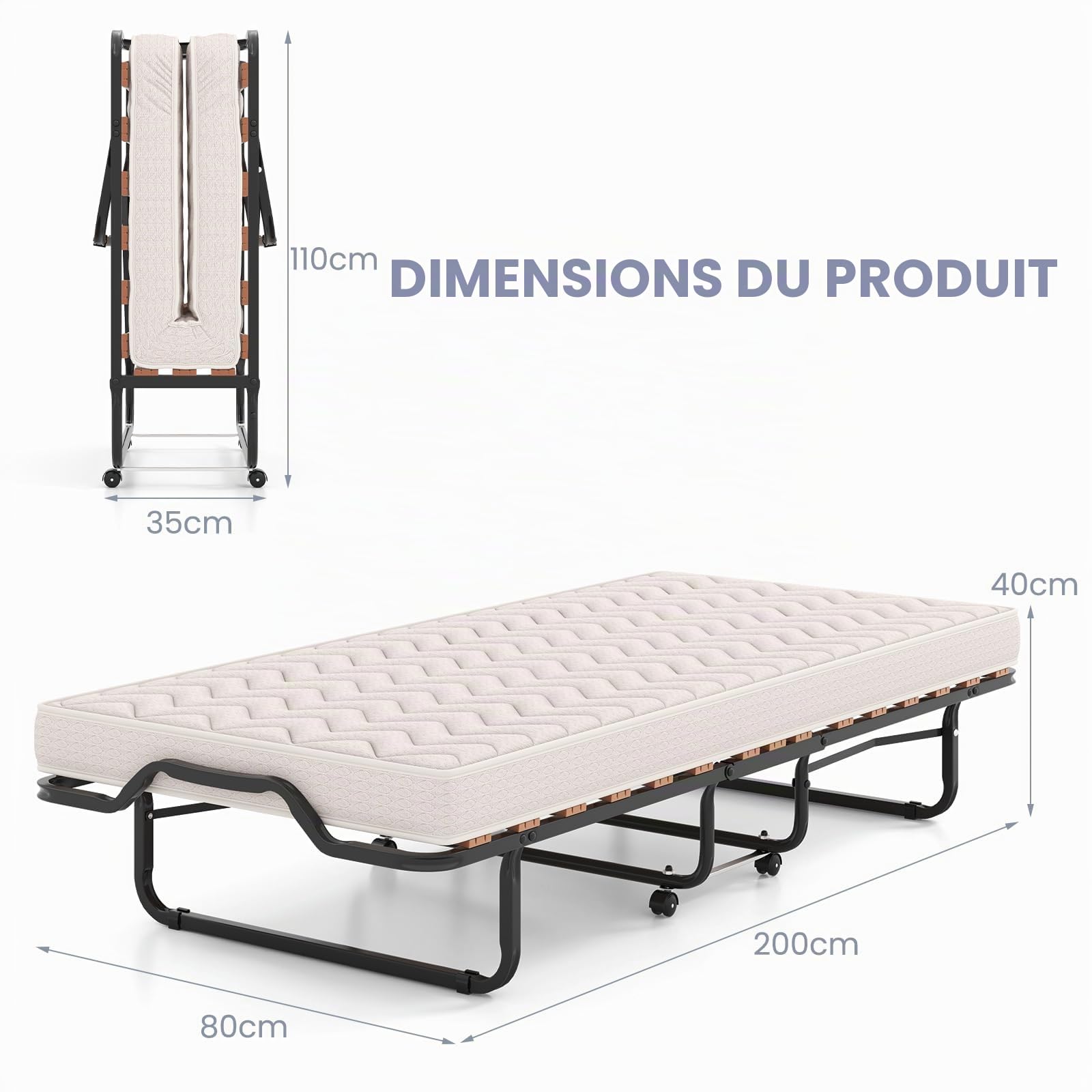 LIFEZEAL Lit Pliant avec Matelas, Mousse à Mémoire de Forme & Fibre Hypoallergénique Double Couche, Lit Invité Pliable à roulettes, Fabriqué en Italie, Charge 120 kg, 80x200x40cm