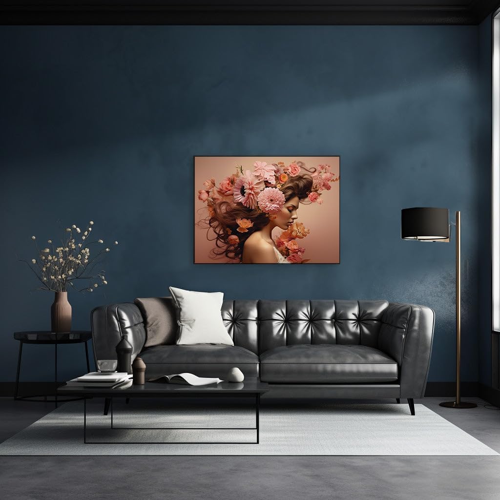Canvas for Living room. Floral Dreams: A Woman's Tranquil Reverie in Pink Hues, 27 x 18 inch Canvas Wall Art - Ready to Hang - 69x46 cm (27x18 inch)
