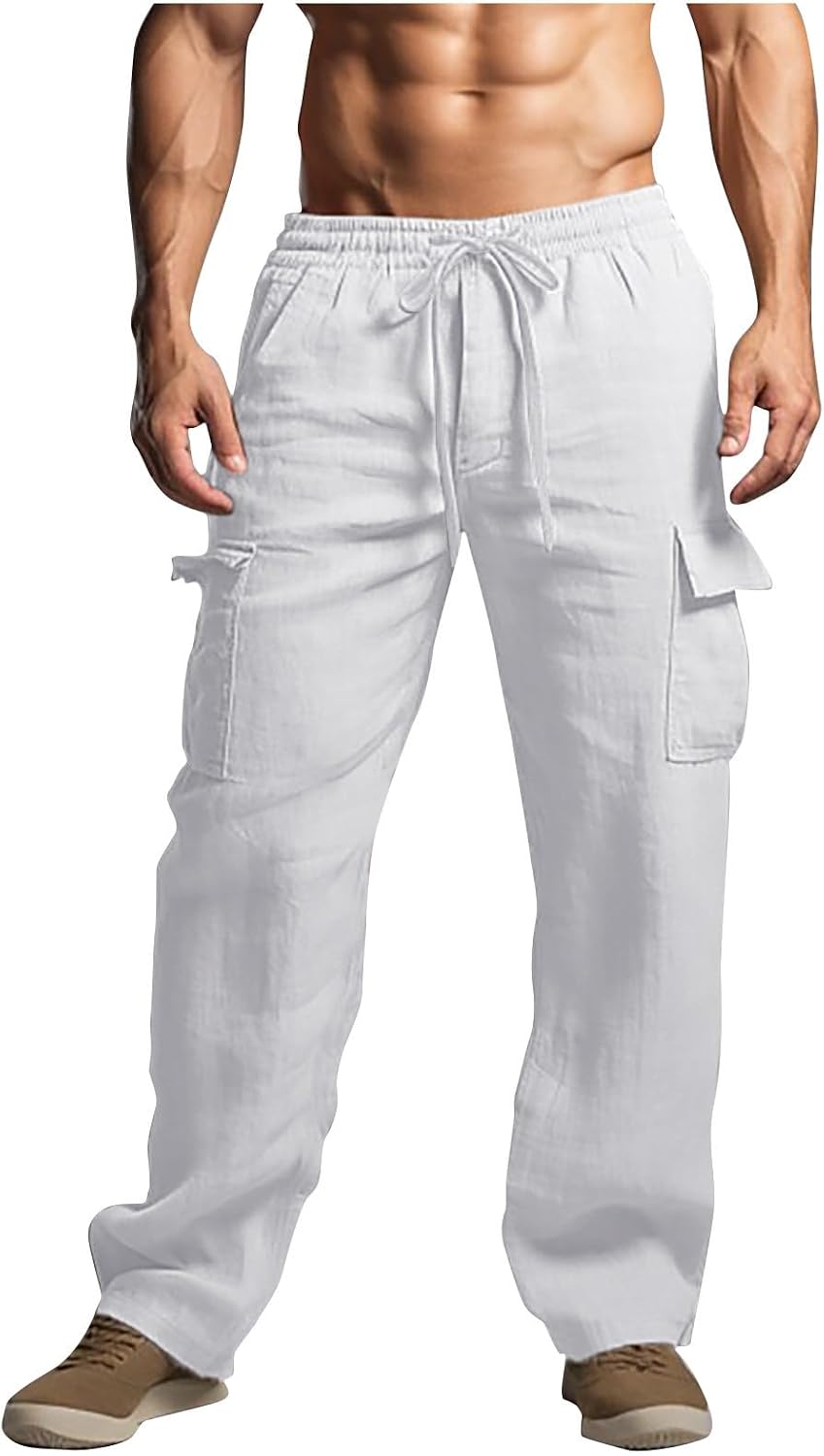 Men's Cotton Linen Pants Drawstring Elastic Waist Multi-Pockets Cargo Trouser Loose Comfy Wide Leg Sweatpant