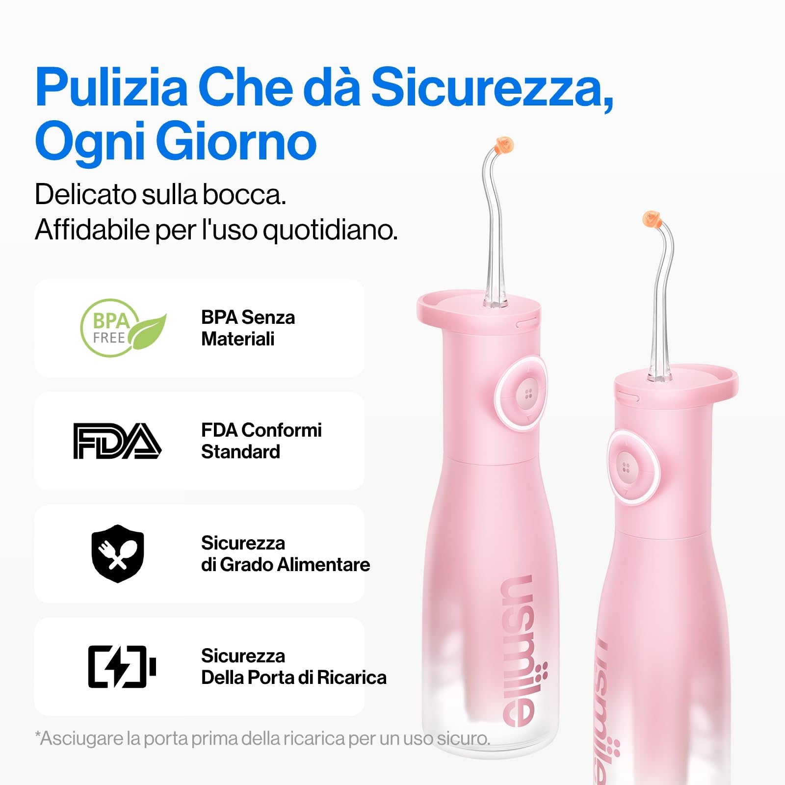 usmile C30 Idropulsore Senza Fili Irrigatore Orale Capacità 300ML | 5 livelli di pressione, Pulizia profonda, Ugelli forma di S per bretelle e gengive sensibili, USB-C IPX7 per Viaggi a Casa