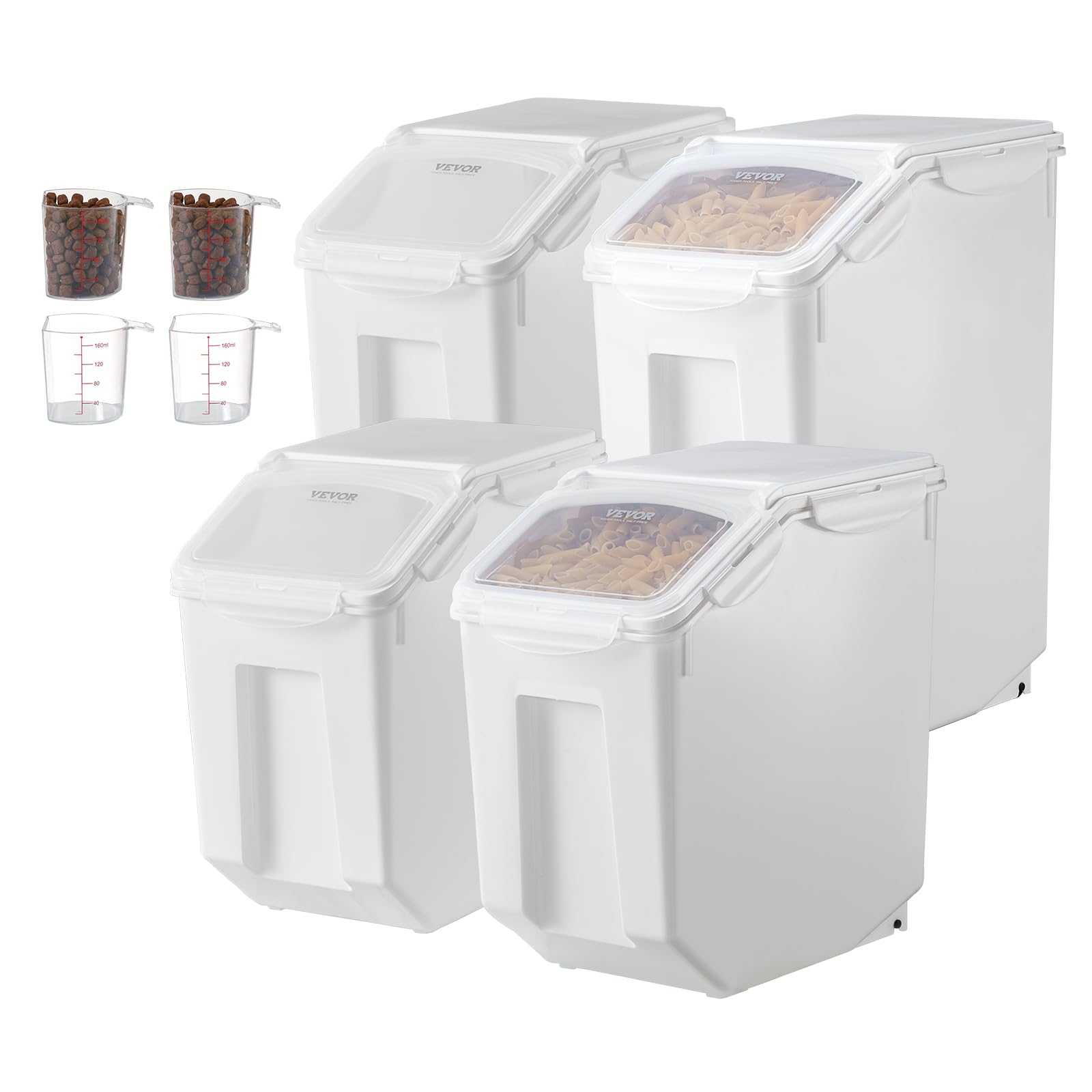 VEVOR Contenedor de Almacenamiento de Arroz, 15 L x 2 + 20 L x 2, para Cereales y Granos para Ingredientes de Cocina, para Mascotas con Ruedas, 4 Tazas Medidoras, 365 x 230 x 365 mm ± 10 mm, Blanco