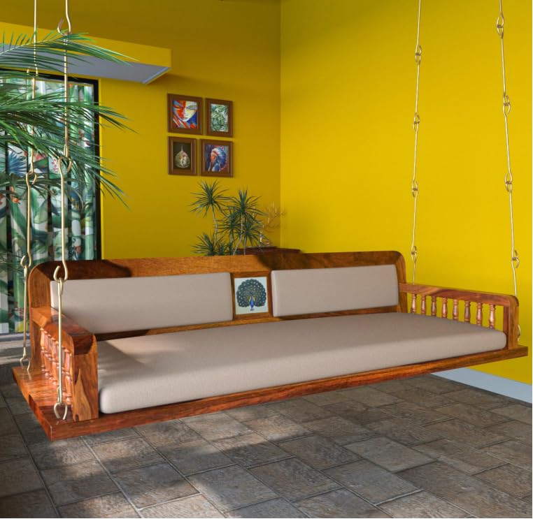 Jairi Traders Wooden Swing (5ftx2ft) Solid Wooden Hanging with Hand Rest and Back Support Jhula Wooden Swing (with Stainless Steel Accessories) Inbuild Cushion Glass Work-image-40