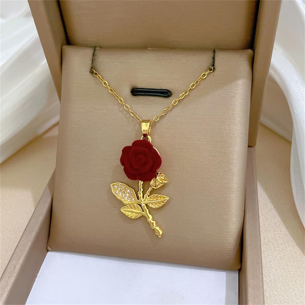 Red Velvet Rose Flower Pendant Necklace for Women 14K Gold Plated Stainless Steel Crystal Leaf Blossom Charms Choker Chain Adjustable Necklaces Dainty Anniversary Wedding Birthday Jewelry 18" - Image 4