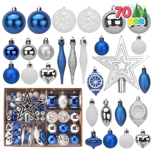 Joiedomi 70Pcs Assorted Christmas Ornaments Set With Ball Ornaments, Star Topper And Heart, Hanging Shatterproof Christmas Ornaments For Holidays And Xmas Tree Ornaments (Blue, Silver&White) #TOP30