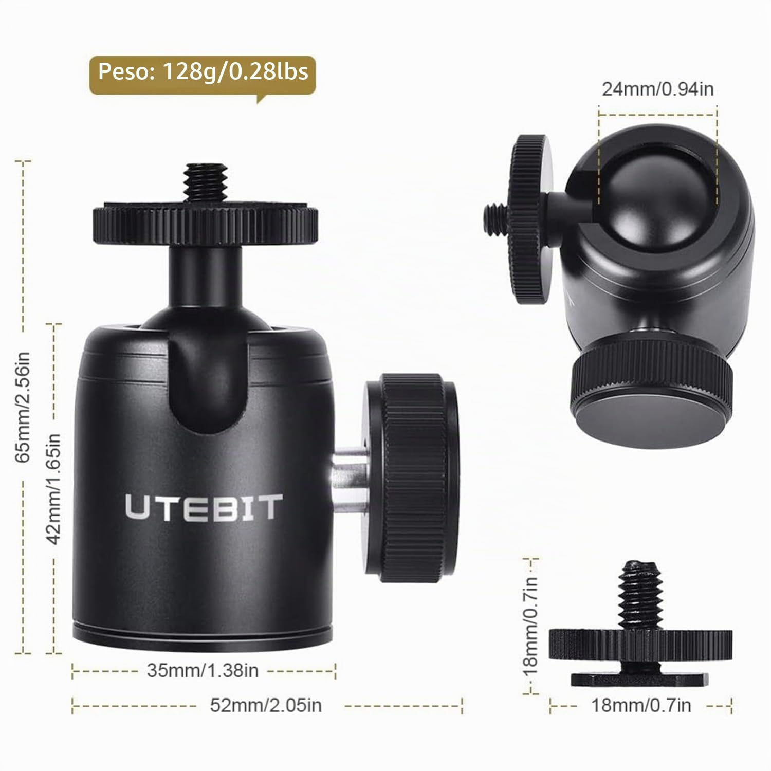UTEBIT Mini Testa a Sfera per Treppiede 24mm, Rotazione 360°, Vite 1/4", Foro Filettato 3/8", Adattatore Slitta Hot Shoe con Vite 1/4", Max 5kg, per Fotocamere, Treppiedi, Flash