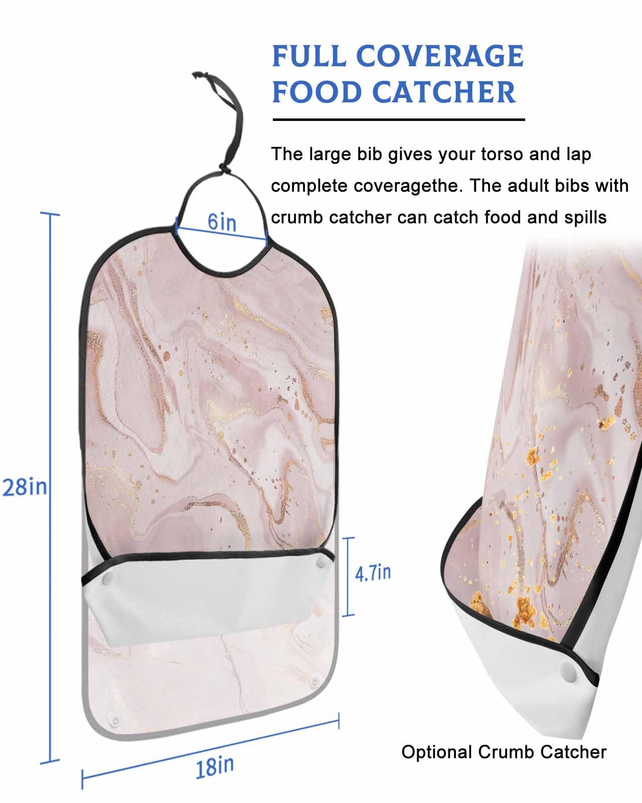LEOKOTI Pink Marble Adult Bibs for Eating, Waterproof Bibs with Food Catcher & Adjustable Snap Closure, Modern Abstract Watercolor Ink Painting Washable Clothing Protectors Adult Bibs for Elderly