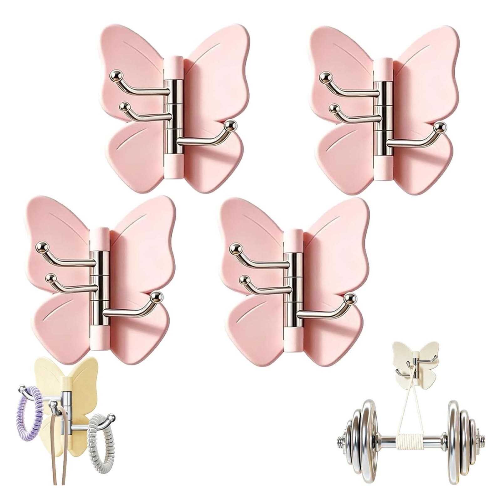 sloiaz Rotating Butterfly Adhesive Wall Hooks,Strong Stick On Organizer,270° Swivel 3 Prong Design, Adjustable Wings for Inner & Outer Corners,Bathroom and Entryway(4 Pink)