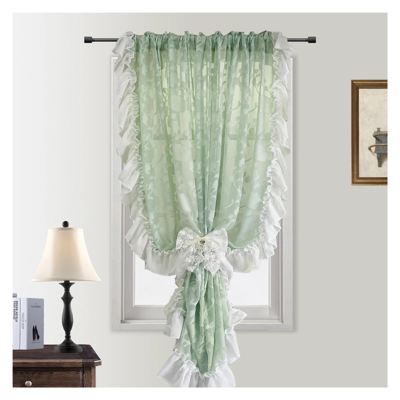 DFGRGRV Ruffle Curtains French Romantic Sheer Ruffle Curtains, Mint Green Cut Flower Tulle For Window Light Filtering Drape(W140 x H120 cm)
