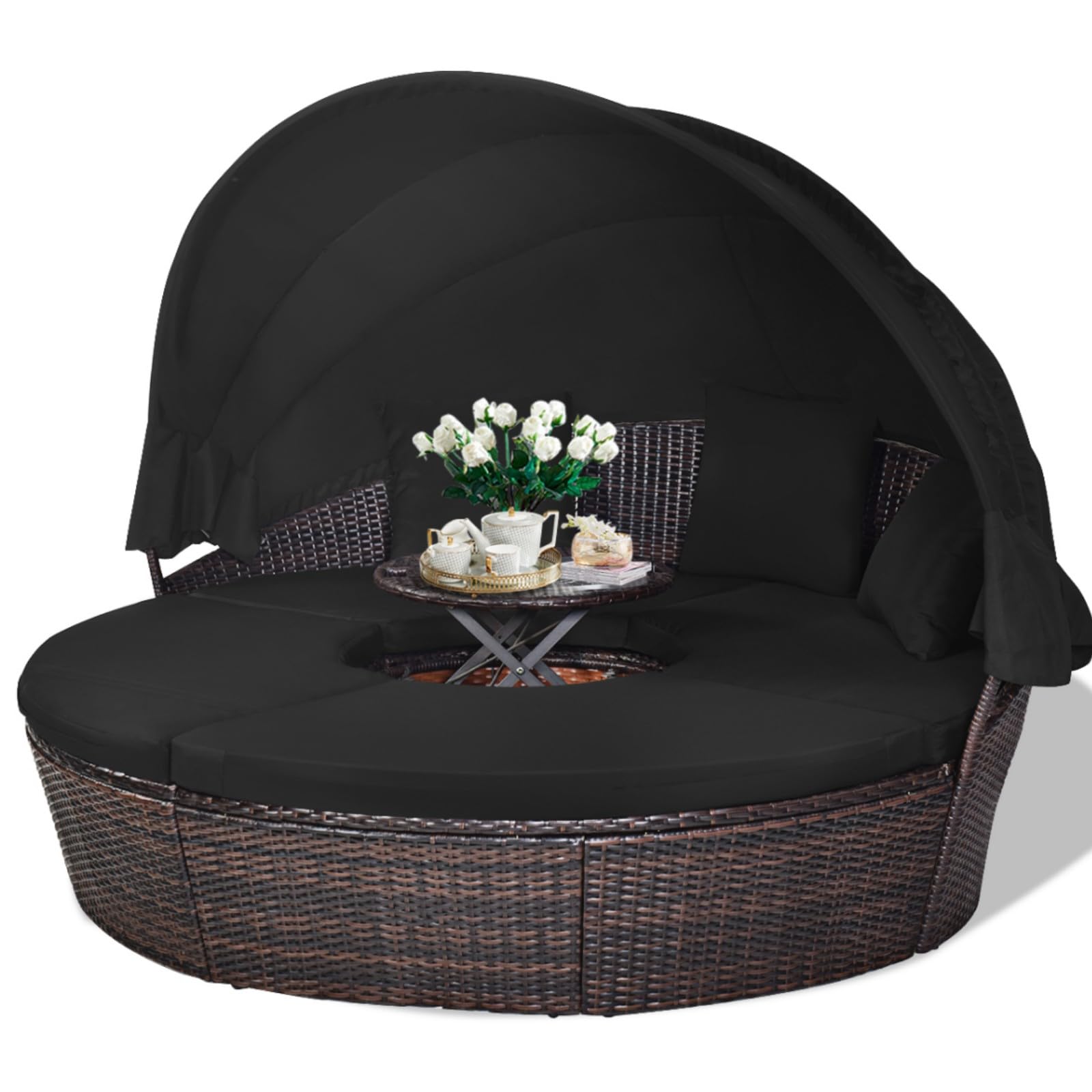 LIFEZEAL Transat Jardin Extérieur avec Coussin et 3 Oreillers, Bain de Soleil Rond avec Toit, Table Basse Réglable en Hauteur, Canapé-lit, Charge 360kg, Chaise Longue pour Piscine, Terrasse (Noir)