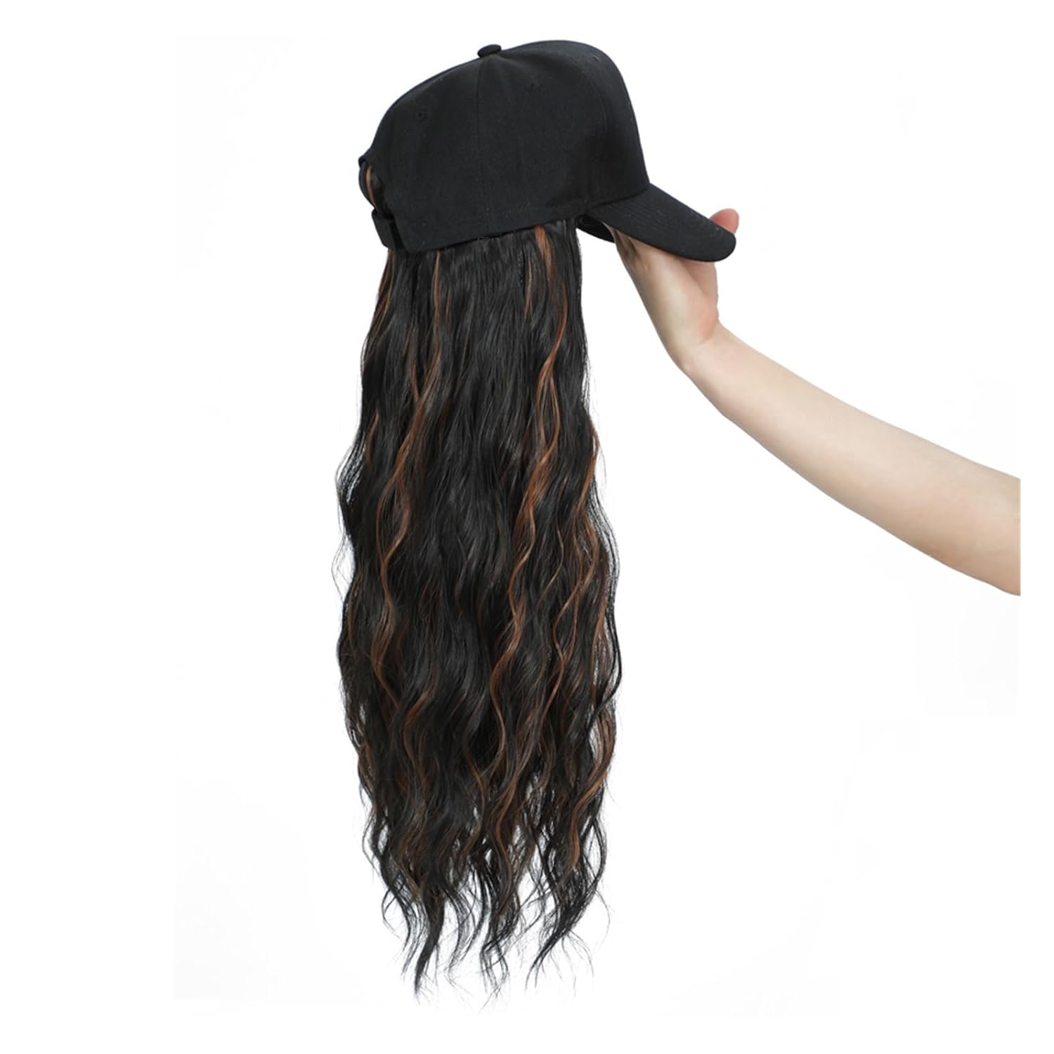 FEELIN Baseball Cap with Hair Extensions Long Wavy Synthetic Wig Baseball Cap With Hair Extensions Hat Wigs Brown Natural Black Connect Wig Adjustable For Women Girls Hat Wig(Color:1)