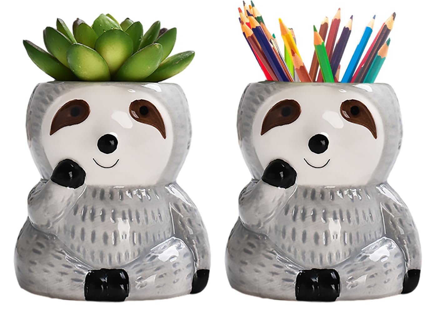 LOZACHE Mini Pflanztöpfe 2er-Set, Faultier Geschenk Keramik Blumentopf Klein Blumenübertopf für Bonsai Kaktus Sukkulente Pflanzen Blumen Draußen Balkon Garten Dekoration Innen Außen (Grau)
