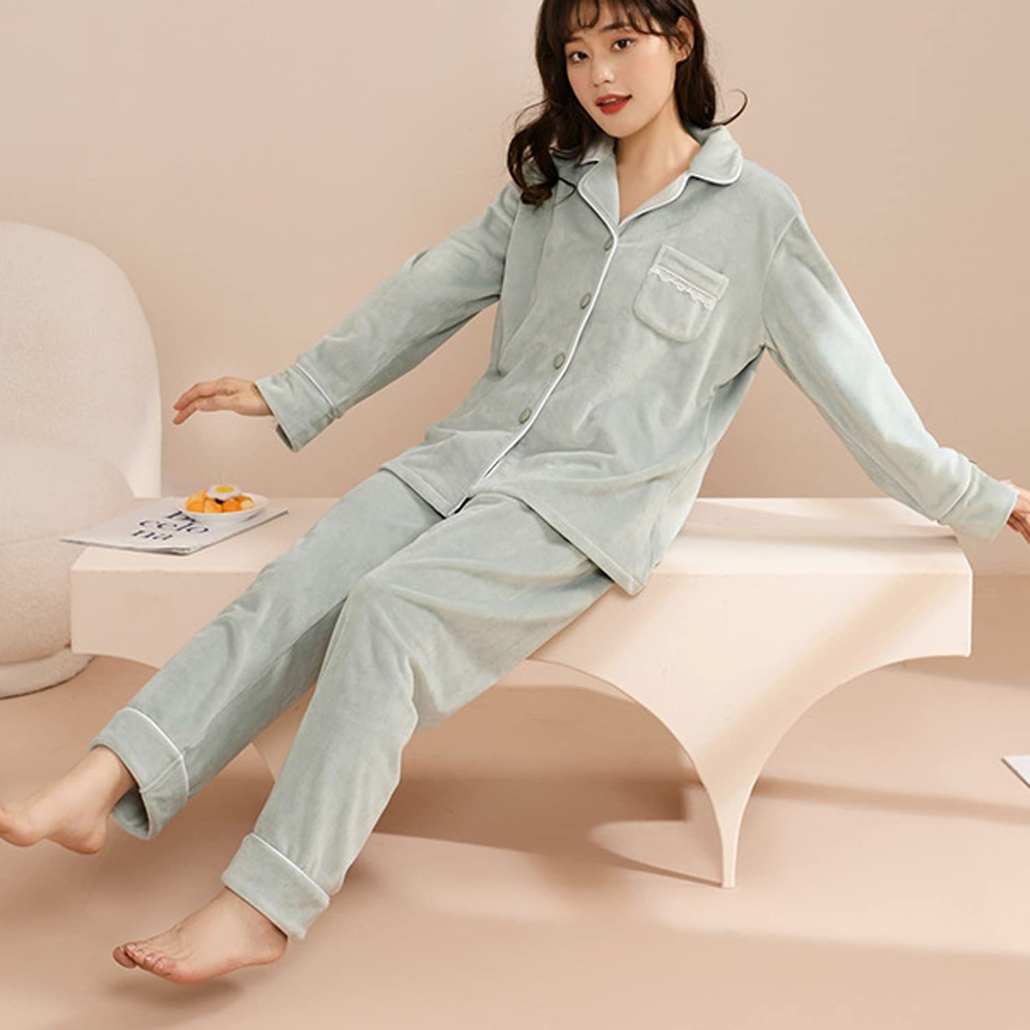 AVSMGP Pijamas Mujer Franela, Pijamas Algodon Mujer Largos, Conjunto de Pijama Suave y Cómodo, Camisones Mujer Botones, Regalo Mujeres,Verde,L