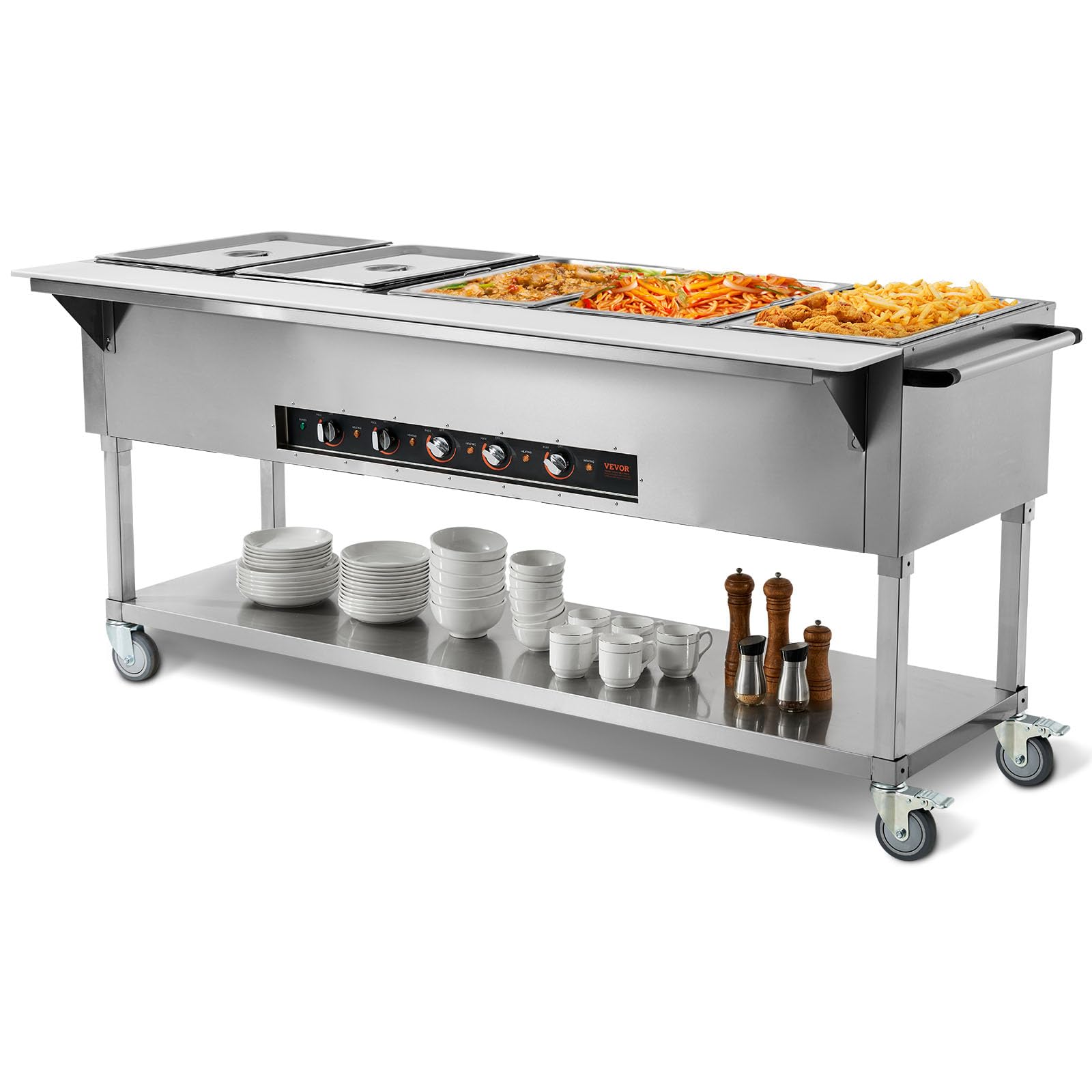 VEVOR 5-Pan Commercial Food Warmer, 5 x 20.6QT Electric Steam Table, 3750W Professional Buffet Catering Food Warmer with 4 Wheels (2 Lockable), Food