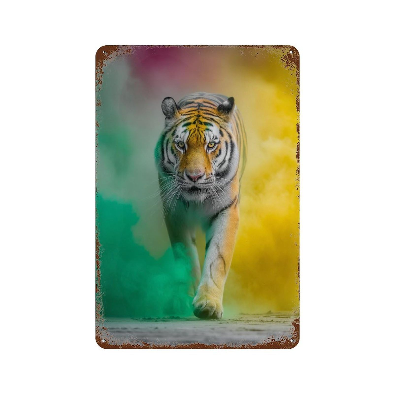 Tiger in Colorful Smoke Aged Metal Wall Plaque 11.8"x7.9", for Office, Studio And Wall Decor, Novelty Wall Decor