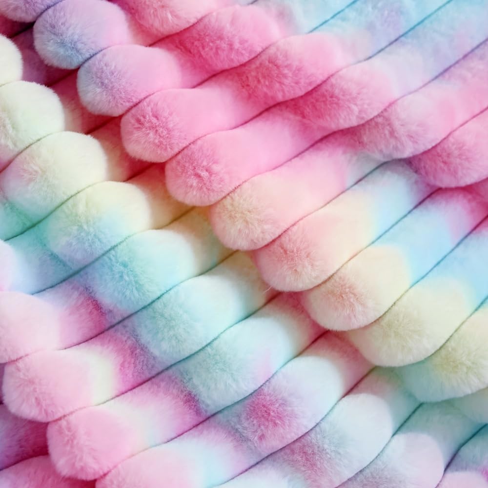 Plush Throw Blanket, Rainbow Tie-Dye Pattern, Super Soft Faux Fur, Pastel Pink Blue Purple, Decorative Cozy Blanket for Couch Bed,Gift for Women (Rainbow, Throw (49" x 63")) - Image 4