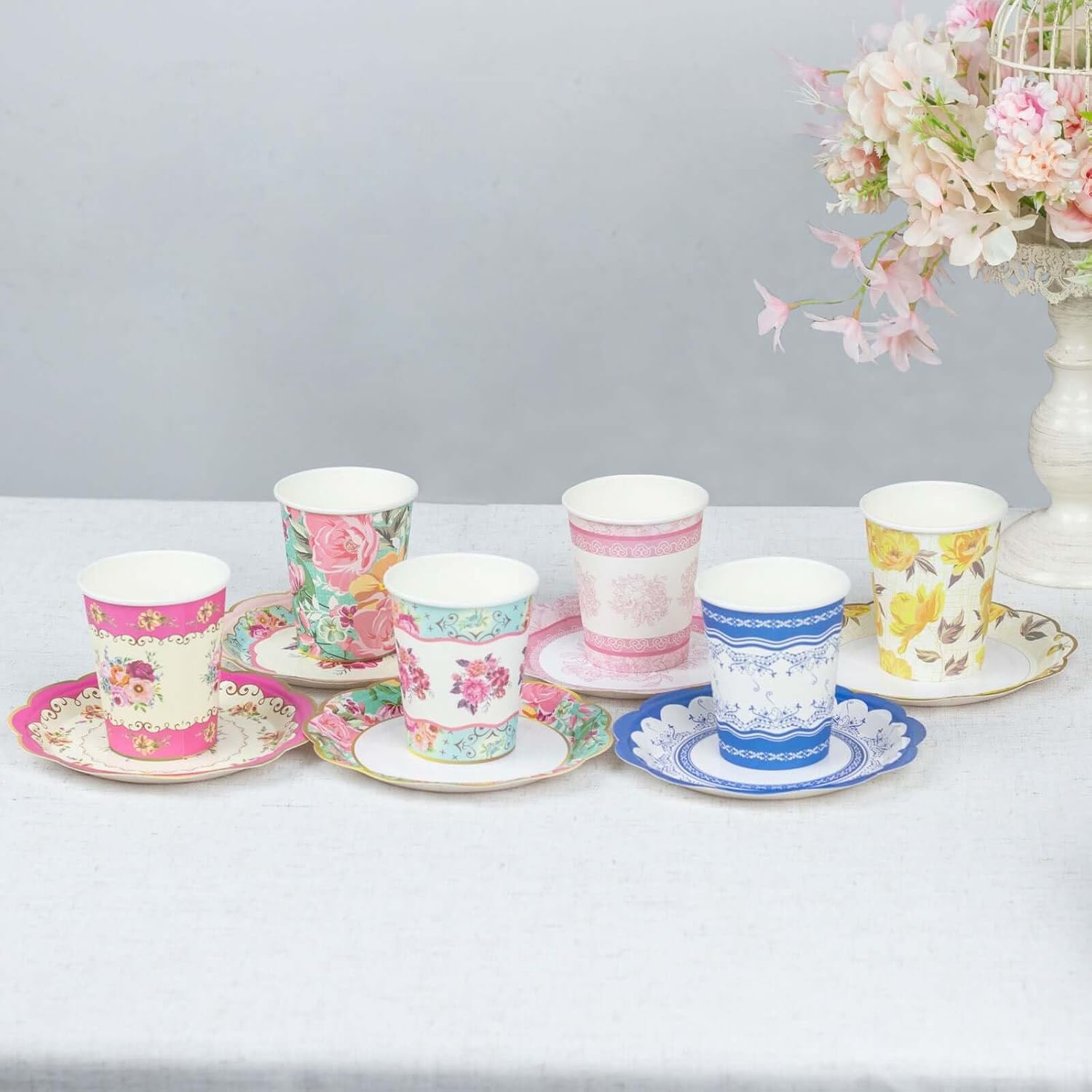 Efavormart 24 Pack | Vintage Mixed Floral Paper Tea Cup And Saucer Set, Disposable Tea Party Supplies Kit