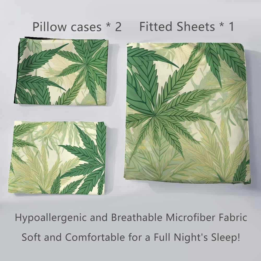 Drap-Housse en Microfibre Brossée 200x200 cm avec Grand Bonnet 30cm, Plantes Feuilles de Cannabis Feuilles Nature Drap Housse en Doux, Anti Plis pour 2 Personnes Lit, Respirant Hypoallergénique, Vert