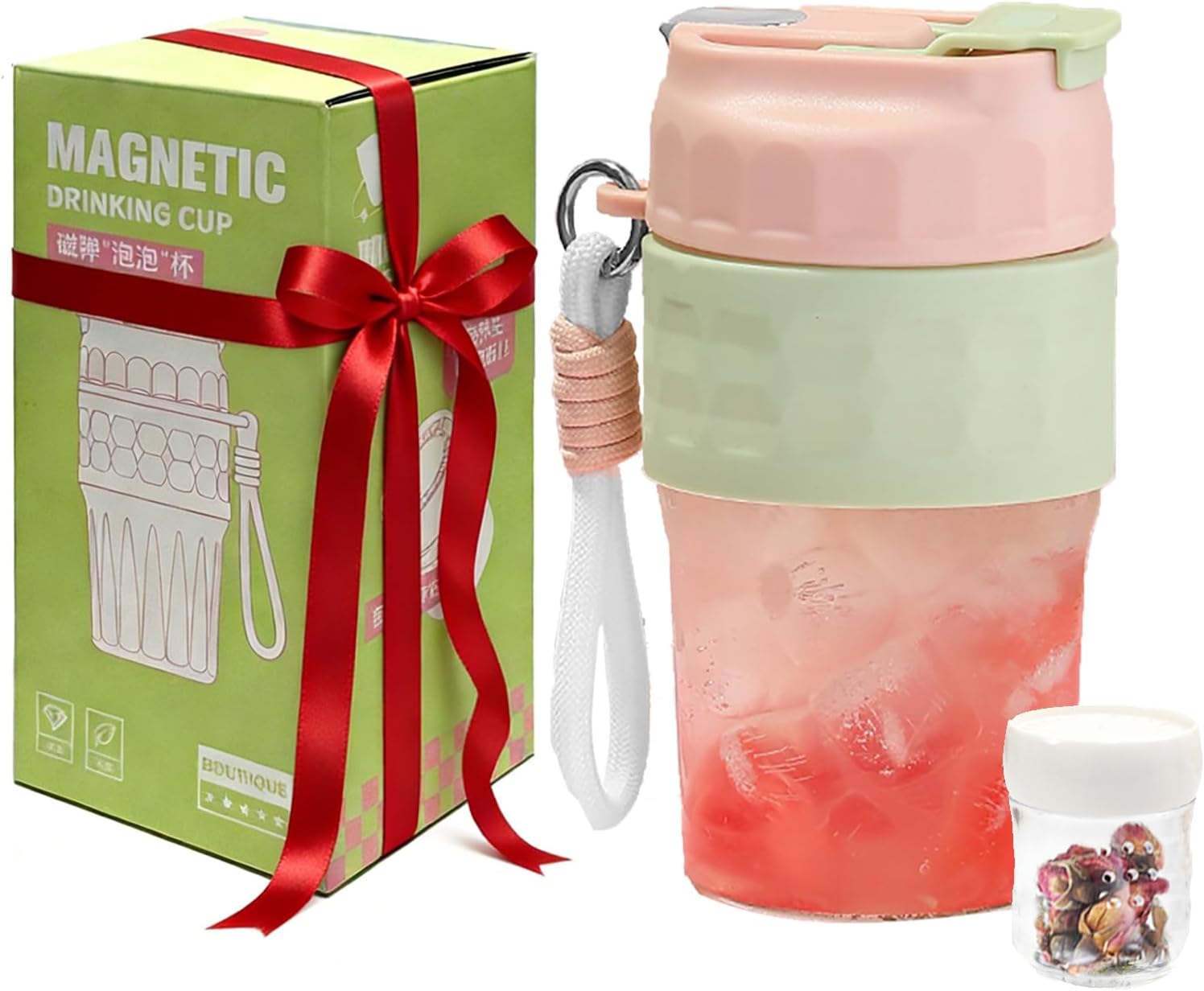 Portable Glass Bottle with Magnetic Infuser, 17.6OZ Water Cup with Removable Carry Strap & Insulation Sleeve, Leak-Proof Design, One Button Brewing for Loose Leaf Tea, Great Gift Idea for Women(Pink)