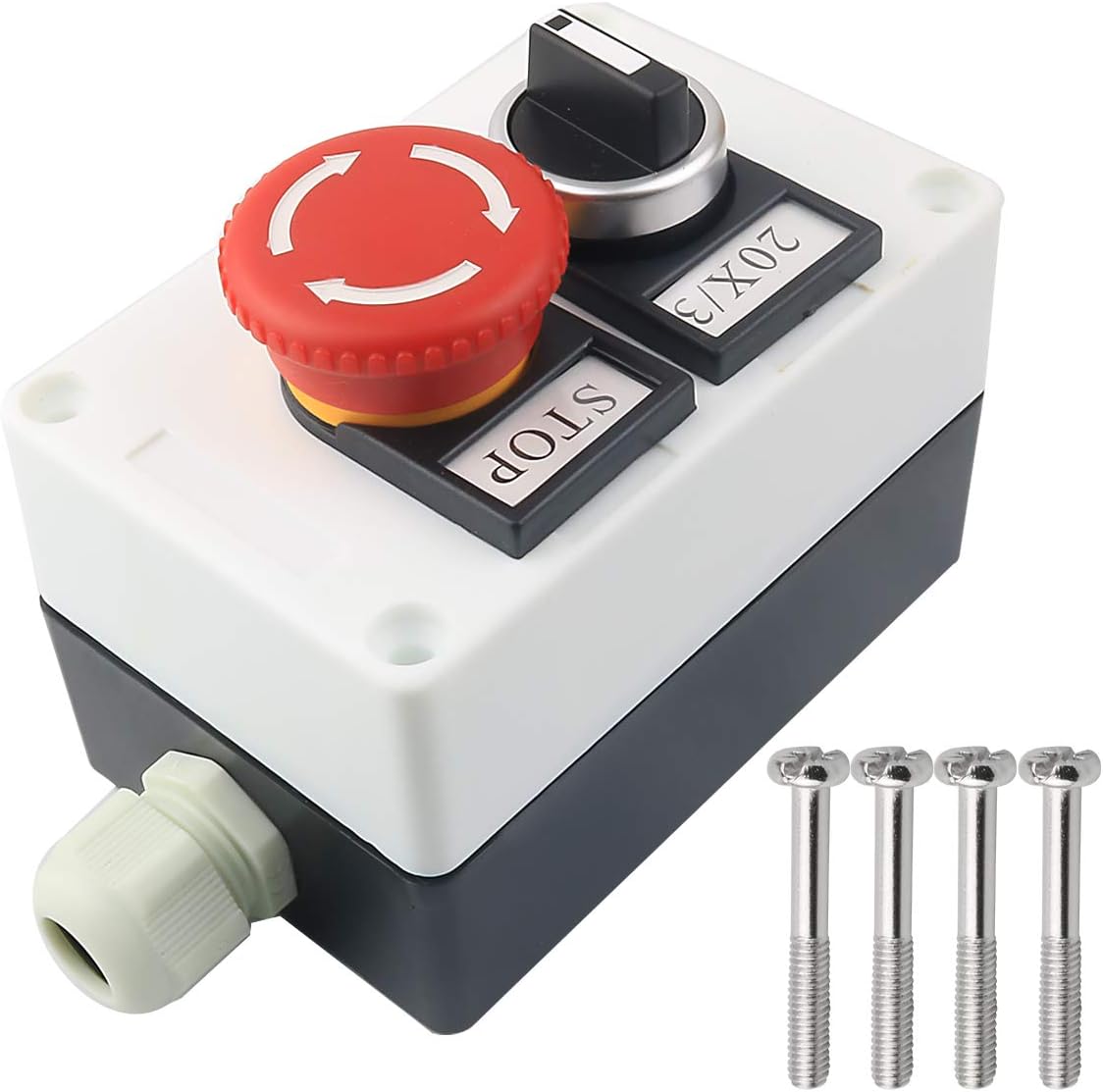 Red Mushroom Emergency Stop 1NC 1NO Latching Push Button Switch, 3 Positions 2NO Latching Rotary Select Selector Switch Station Box